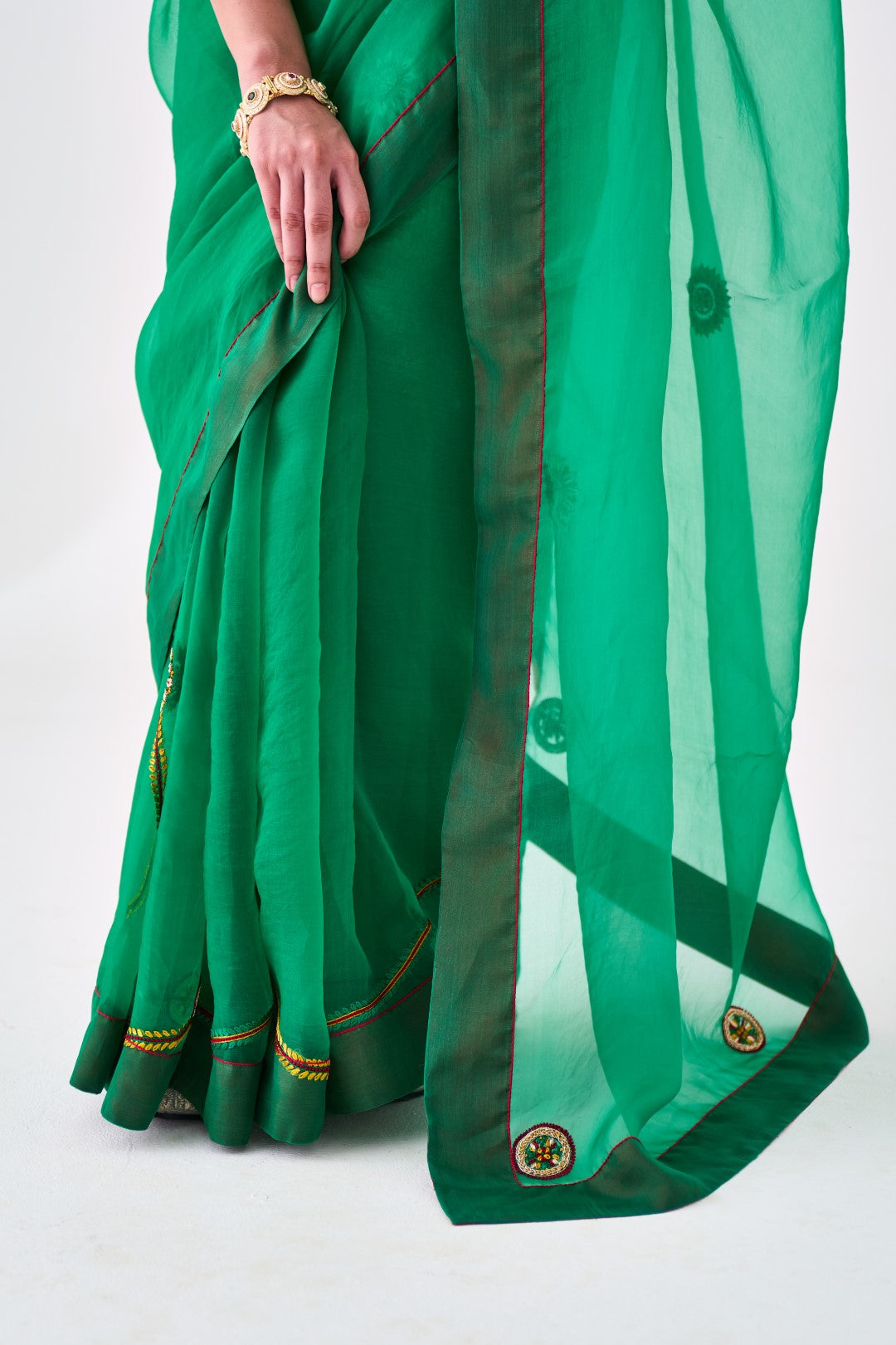 Green Organza Embroidered Jaal Embroidered Saree Paired with Organic Cotton Stitched Petticoat (02 Pcs.)