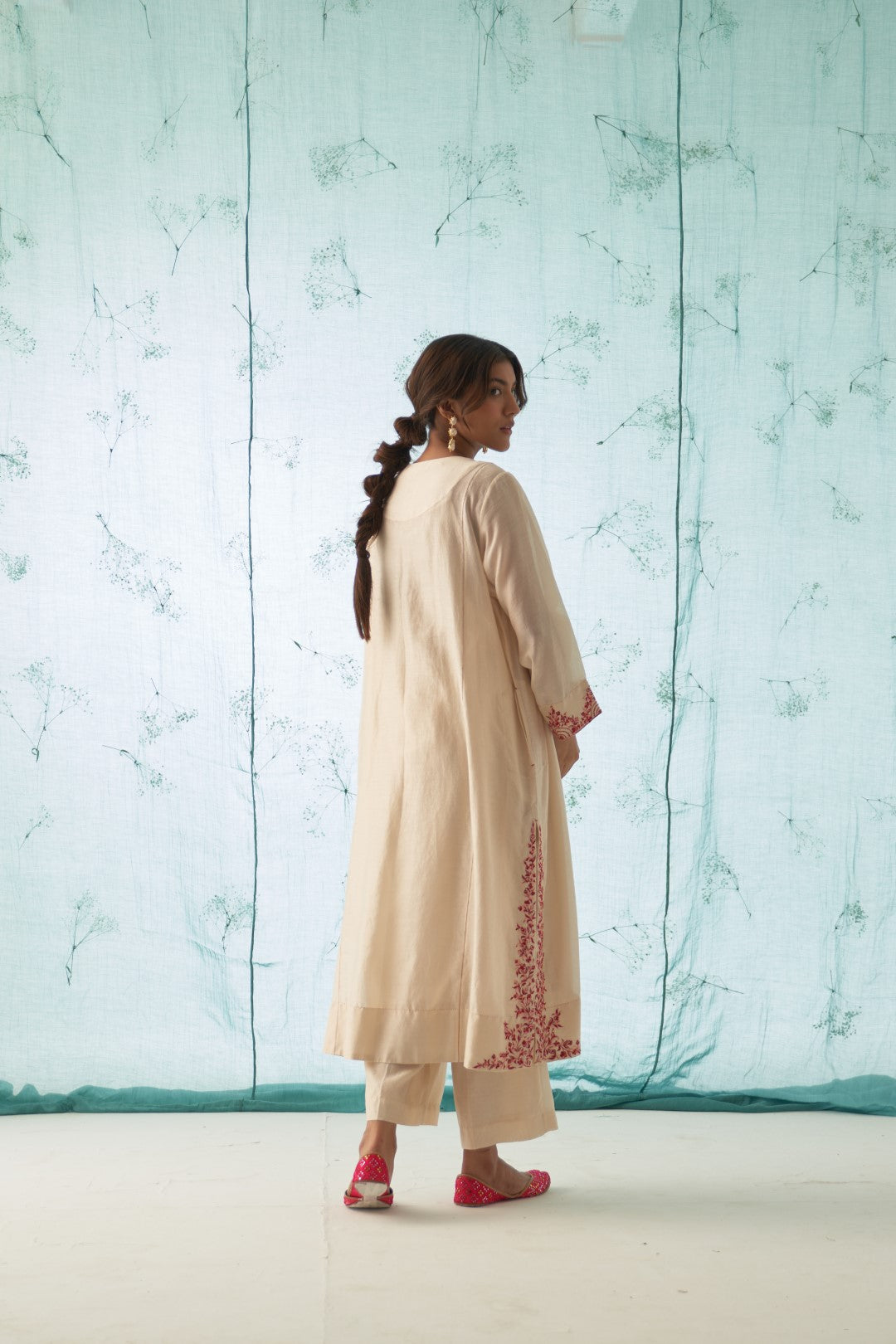 Ivory With Fushia Embroidered Kurta Set
