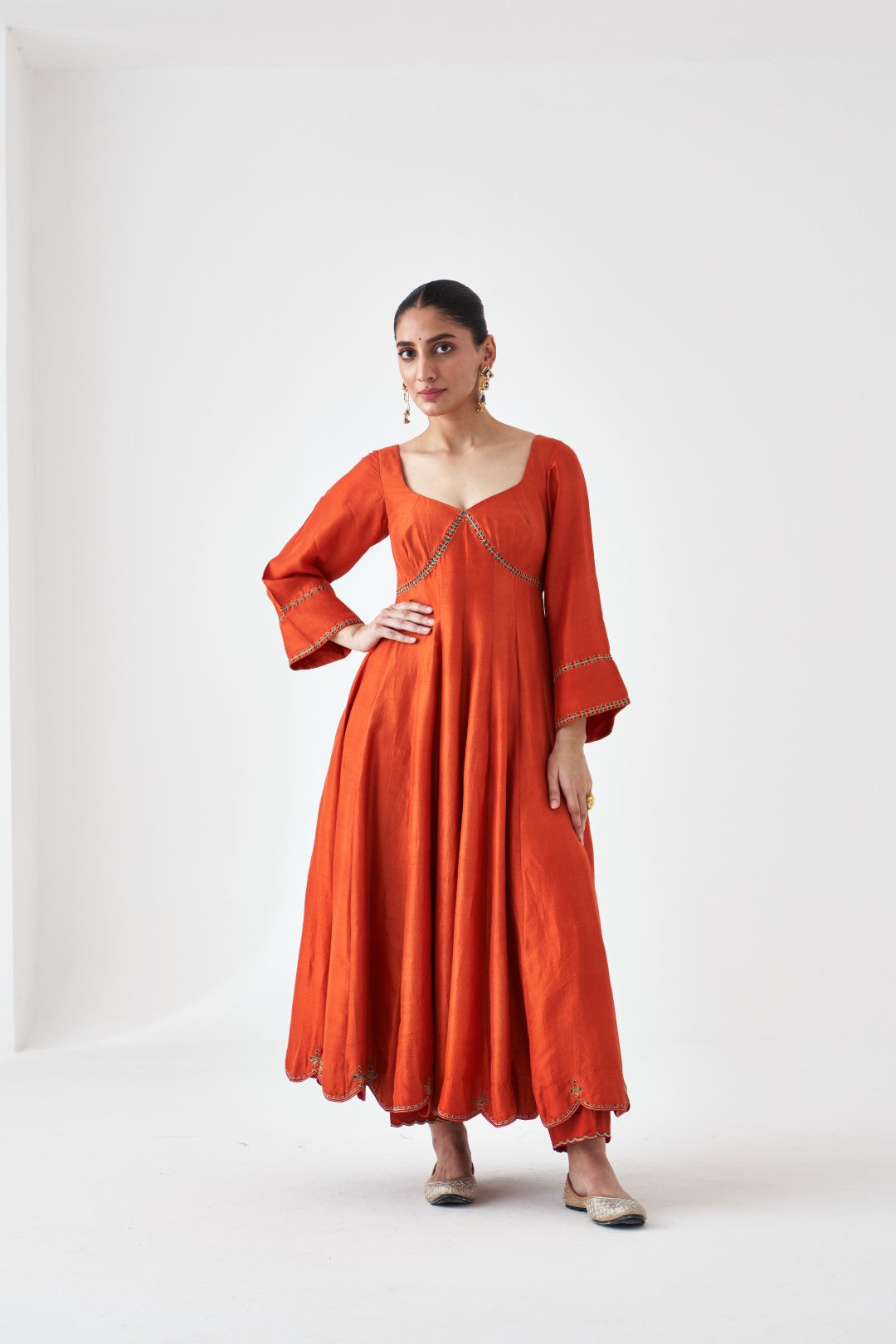 Rust Cotton Silk Embroidered Anarkali paired with pant and organza dupatta (03 Pcs.)