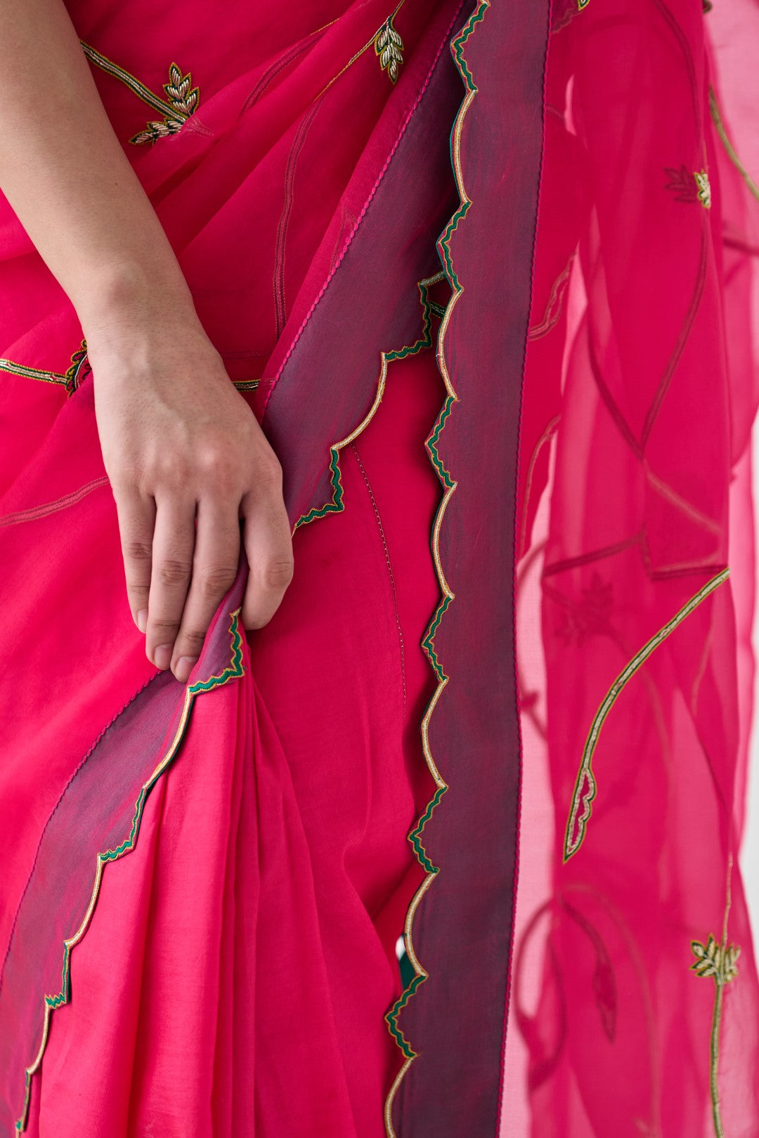 Fuchsia Jaal Embroidered Saree Paired with Organic Cotton Petticoat (02 Pcs.)