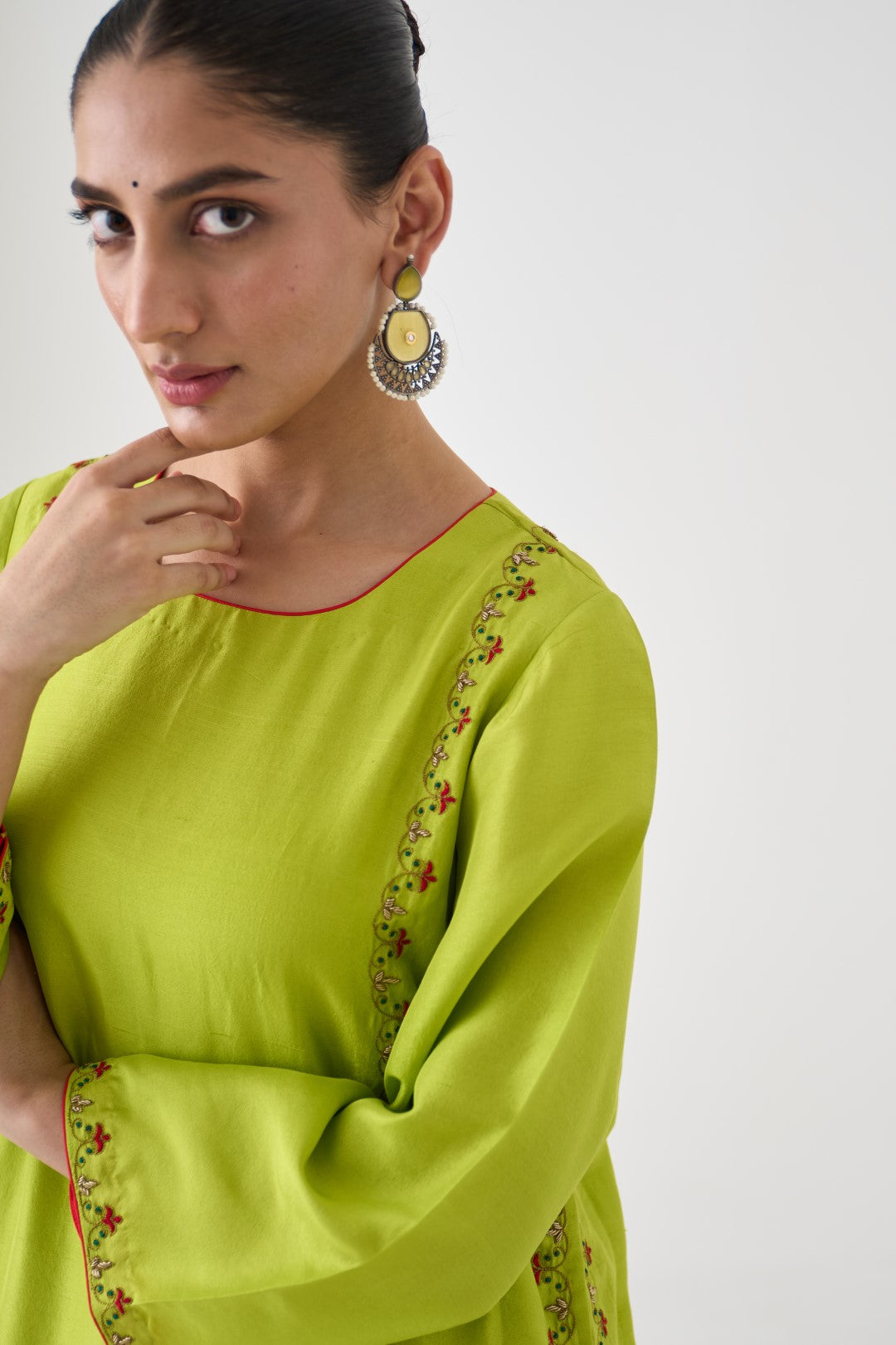 Lime Green Dupion Silk Embroidered Long Kurta Paired with Silk Pant & Organza Dupatta (03 Pcs.)