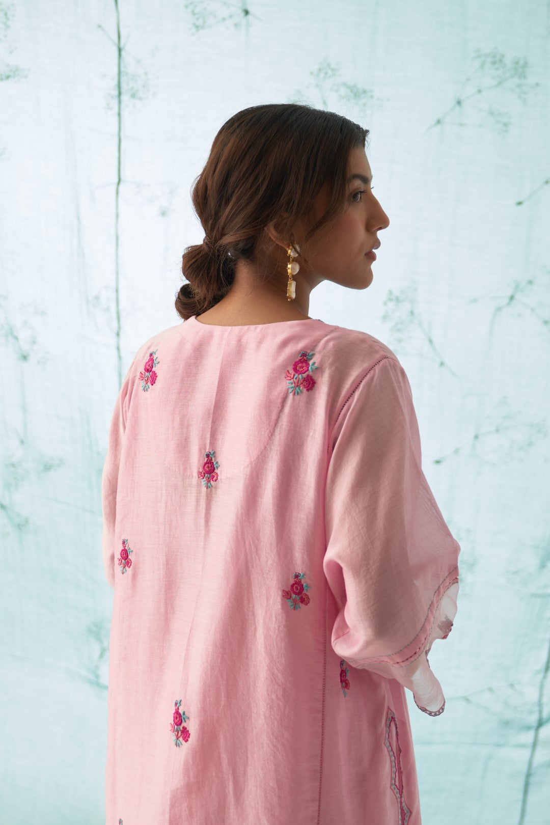 Pink With Floral Embroidered Kurta Set