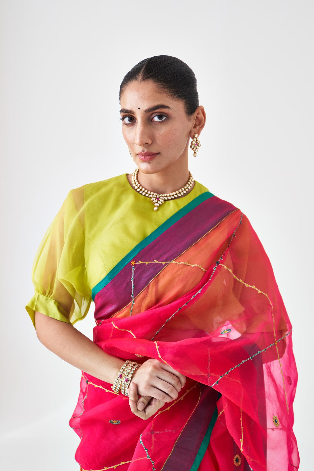 Fuchsia Organza Jaal Embroidered Saree Paired with Organic Cotton Petticoat (02 pcs.)