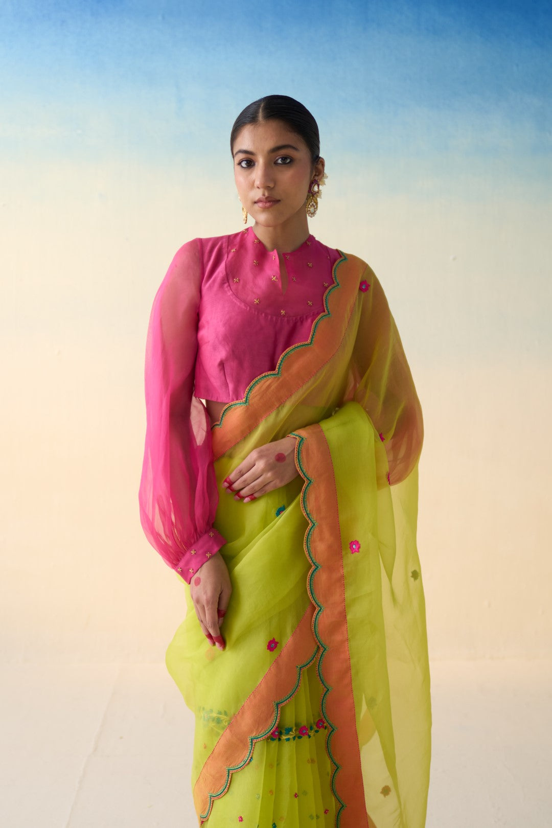 Lime green organza embroidered saree comes with an organic cotton petticoat (02 Pcs.)