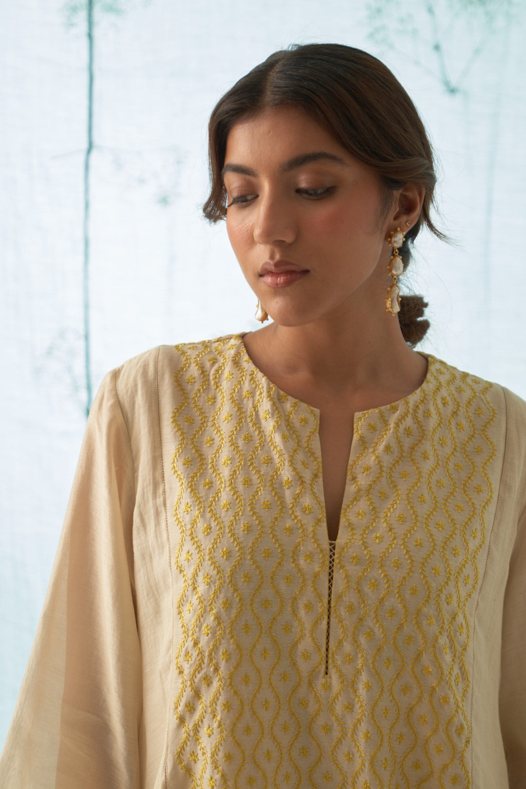 Ivory - Yellow Embroidery On Yoke Kurta Set