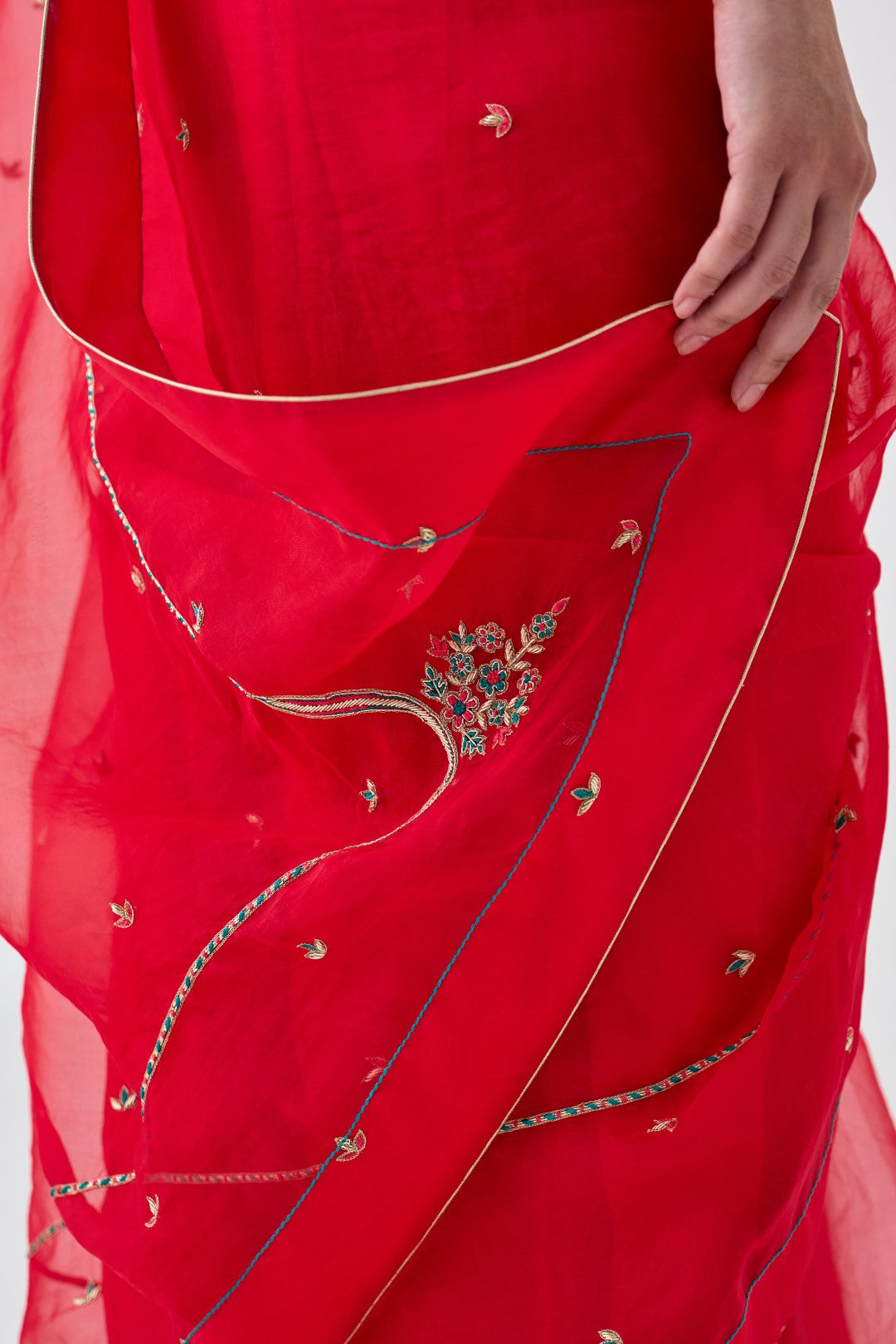 Red Organza Embroidered Saree Paired with an Organic Cotton Stitched Petticoat (02 Pcs.)