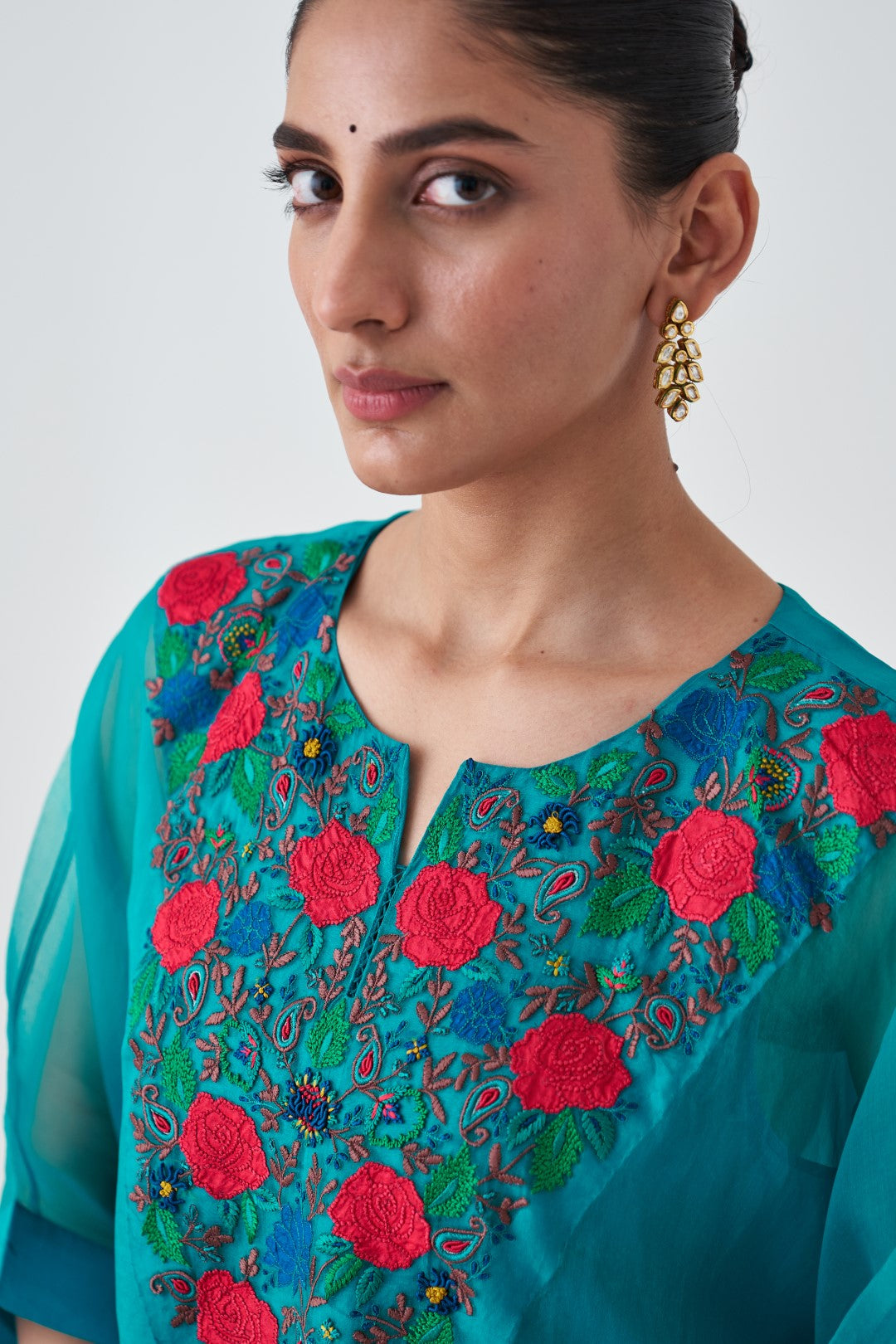 Turquoise Organza Multicoloured Embroidered Kaftan with Silk Slip and Pant (03 Pcs.)