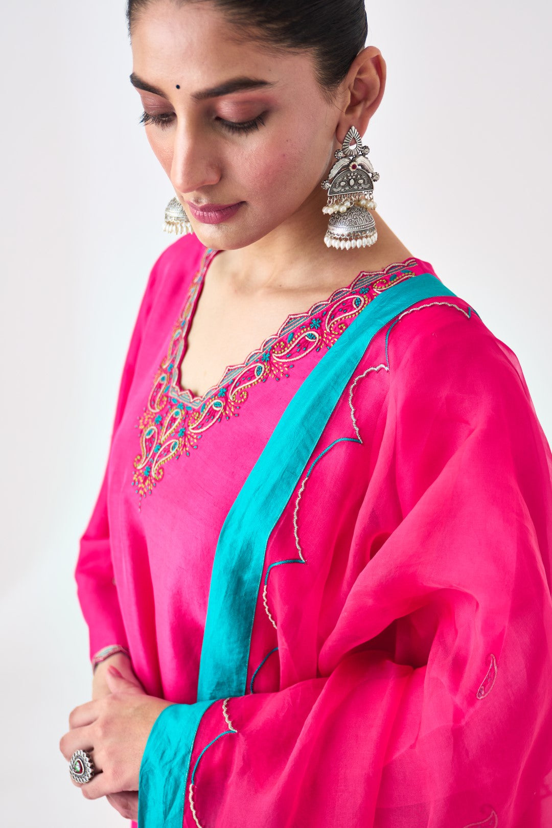Fuchsia Silk Dupion Embroidered Short Kurta Paired with Silk Sharara & Organza Dupatta (03 PCS.)