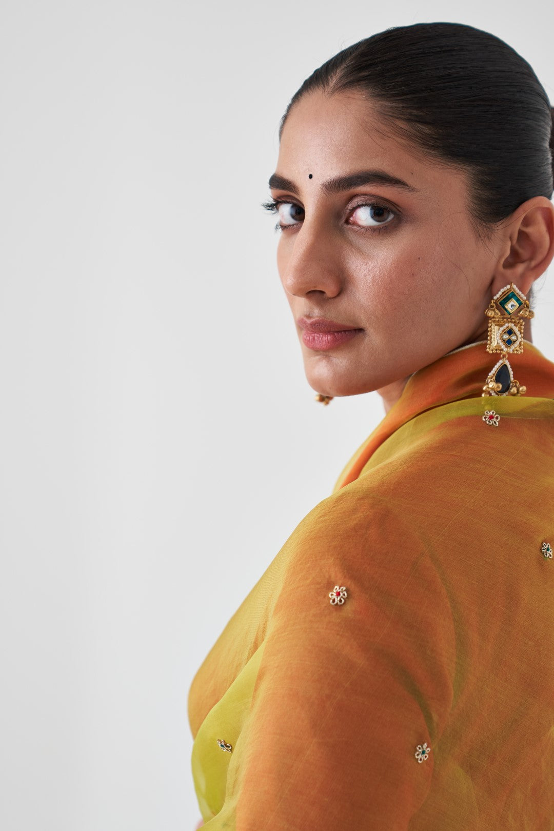 Lime Green Organza Embroidered Saree Paired with Organic Cotton Stitched Petticoat (02 Pcs.)