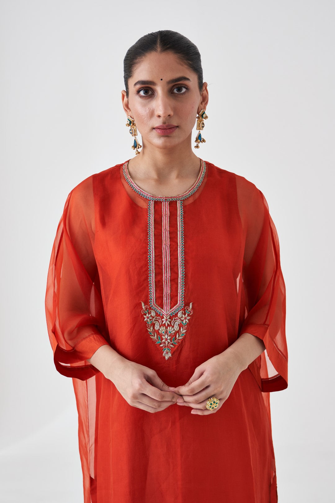 Rust Organza Embroidered Kaftan Paired with Silk Slip & Silk Pant (03 PCS.)