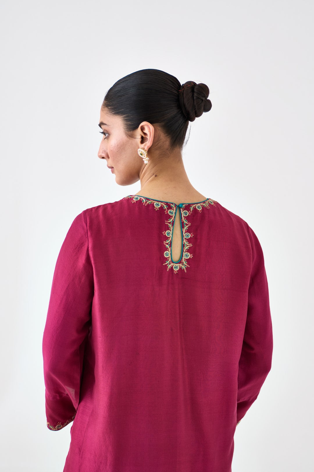 Wine Silk Dupion Embroidered Kurta Paired with Silk Pant & Organza Dupatta (03 Pcs.)