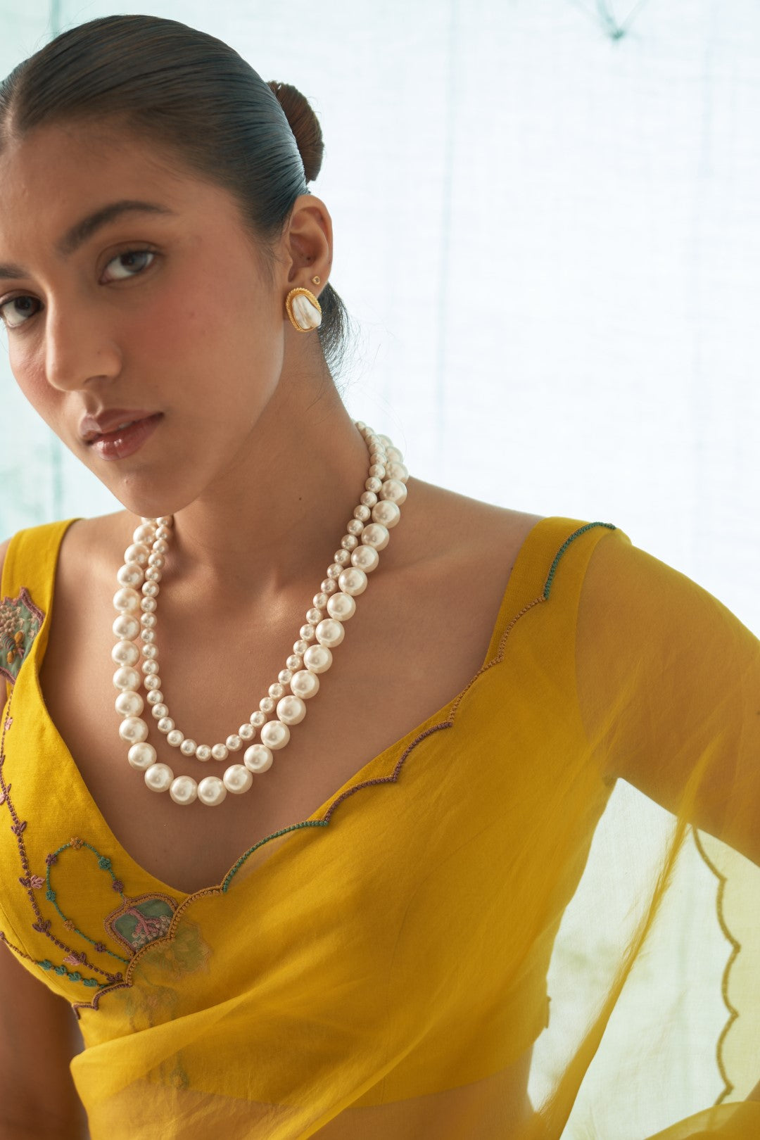 Yellow Organza Saree Set With Chanderi Stitched Blouse and Organic Cotton Stitched Petticoat ( 03 Pcs. )