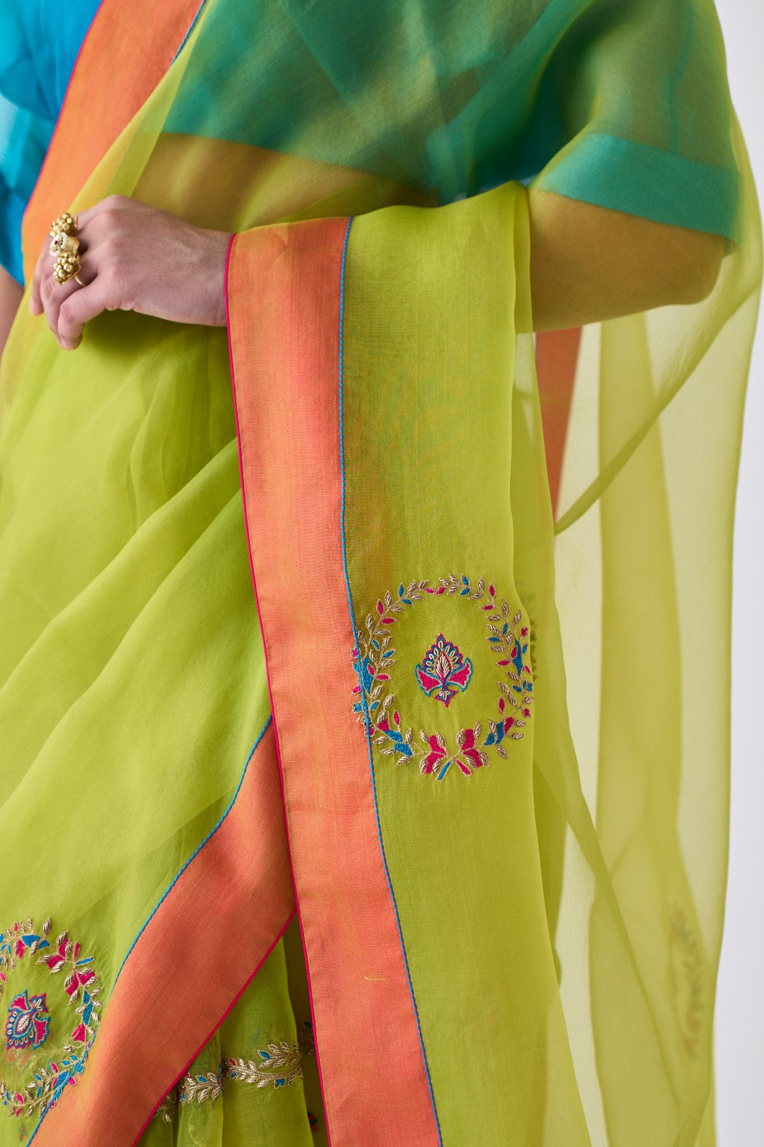 Lime Green Embroidered Saree Paired with Organic Cotton Stitched Petticoat (02 Pcs.)