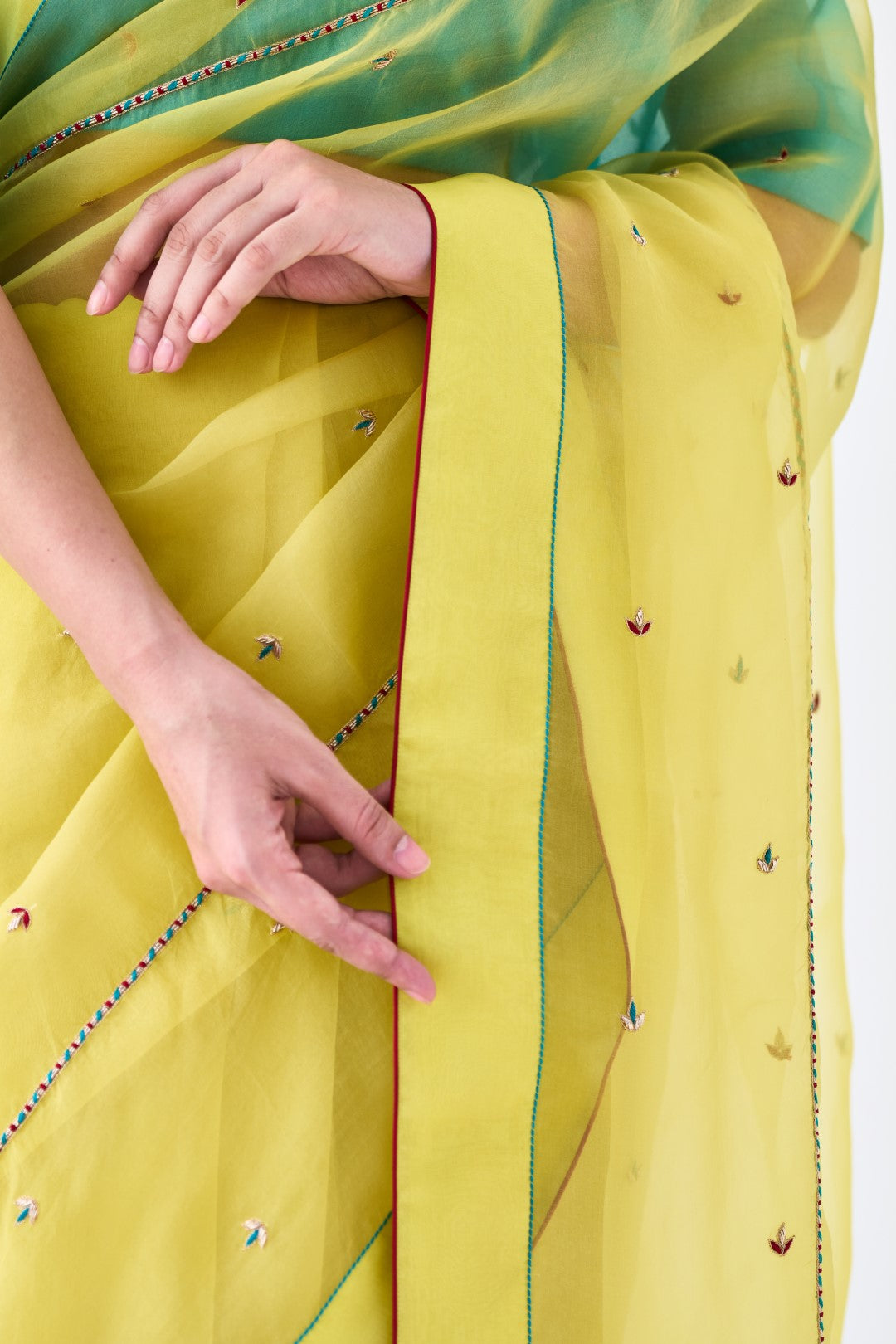 Yellow Organza Saree with Embroidery Paired with Organic Cotton Stitched Petticoat (2-Piece Set)