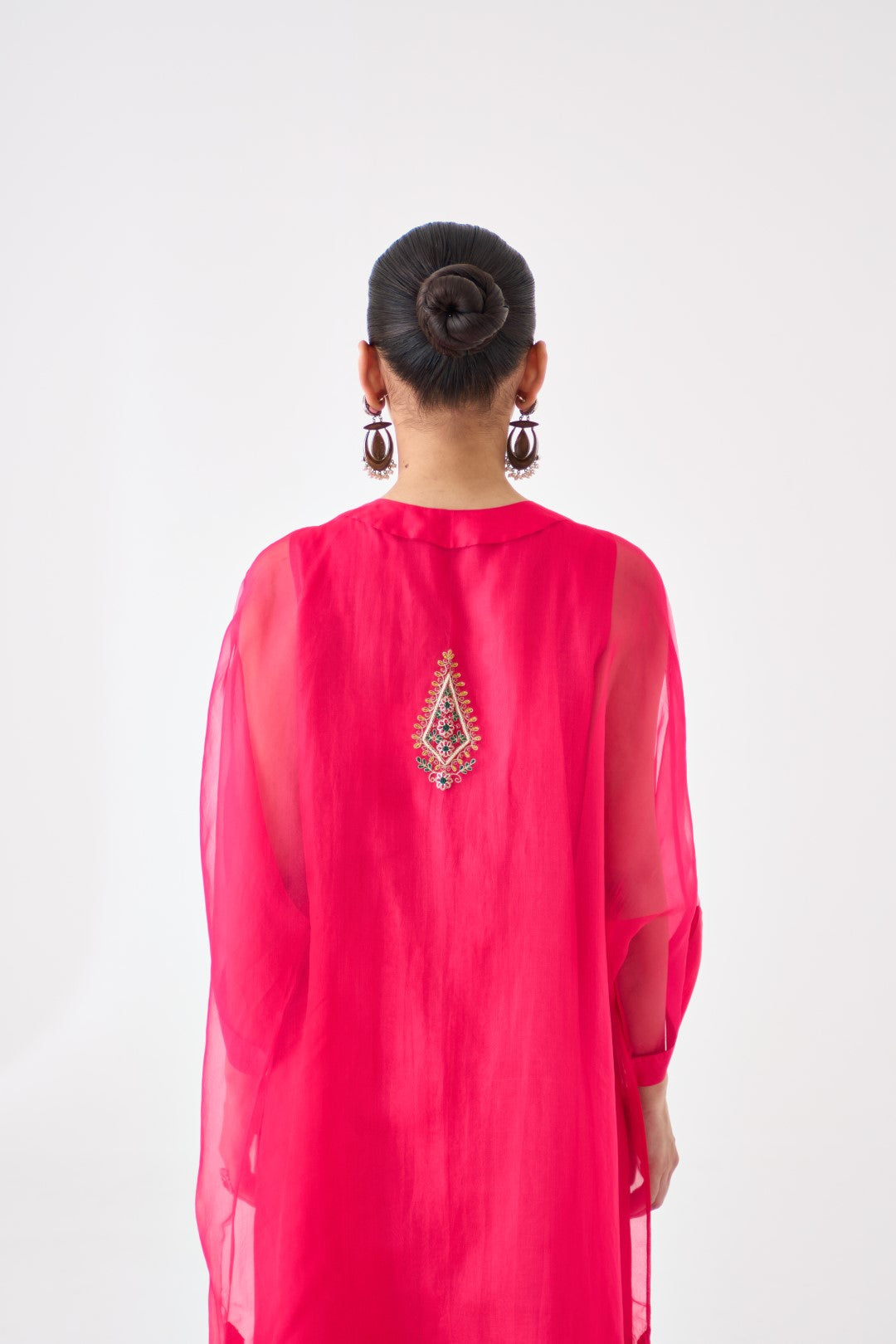 Fuchsia Organza Embroidered Kaftan Paired with Silk Slip and Silk Pant (03 Pcs.)