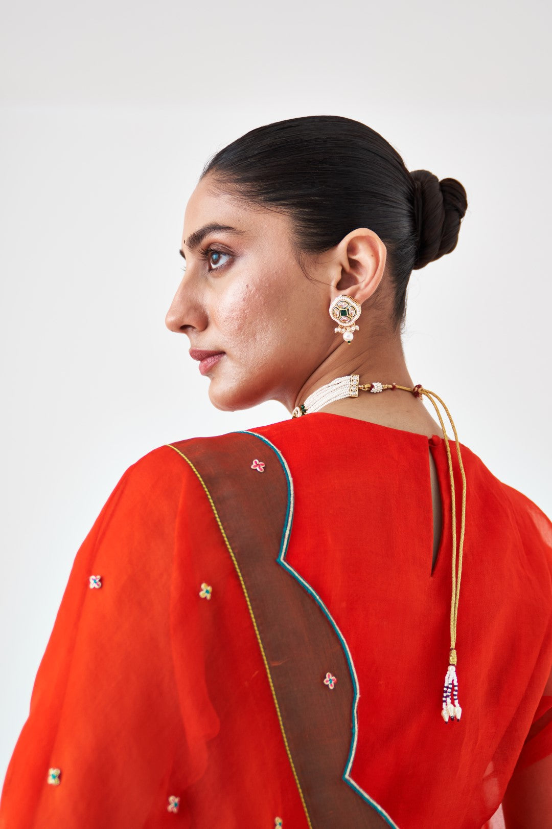 Rust Scallop Border Embroidered Saree Paired with Stitched Organic Cotton Petticoat (02 pcs.)