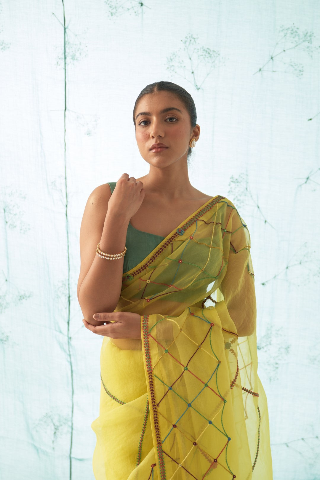 Yellow Organza Saree Set with Checkered Thread Work Comes With Stitched Chanderi Blouse and Organic Cotton Stitched Petticoat ( 03 Pcs. )