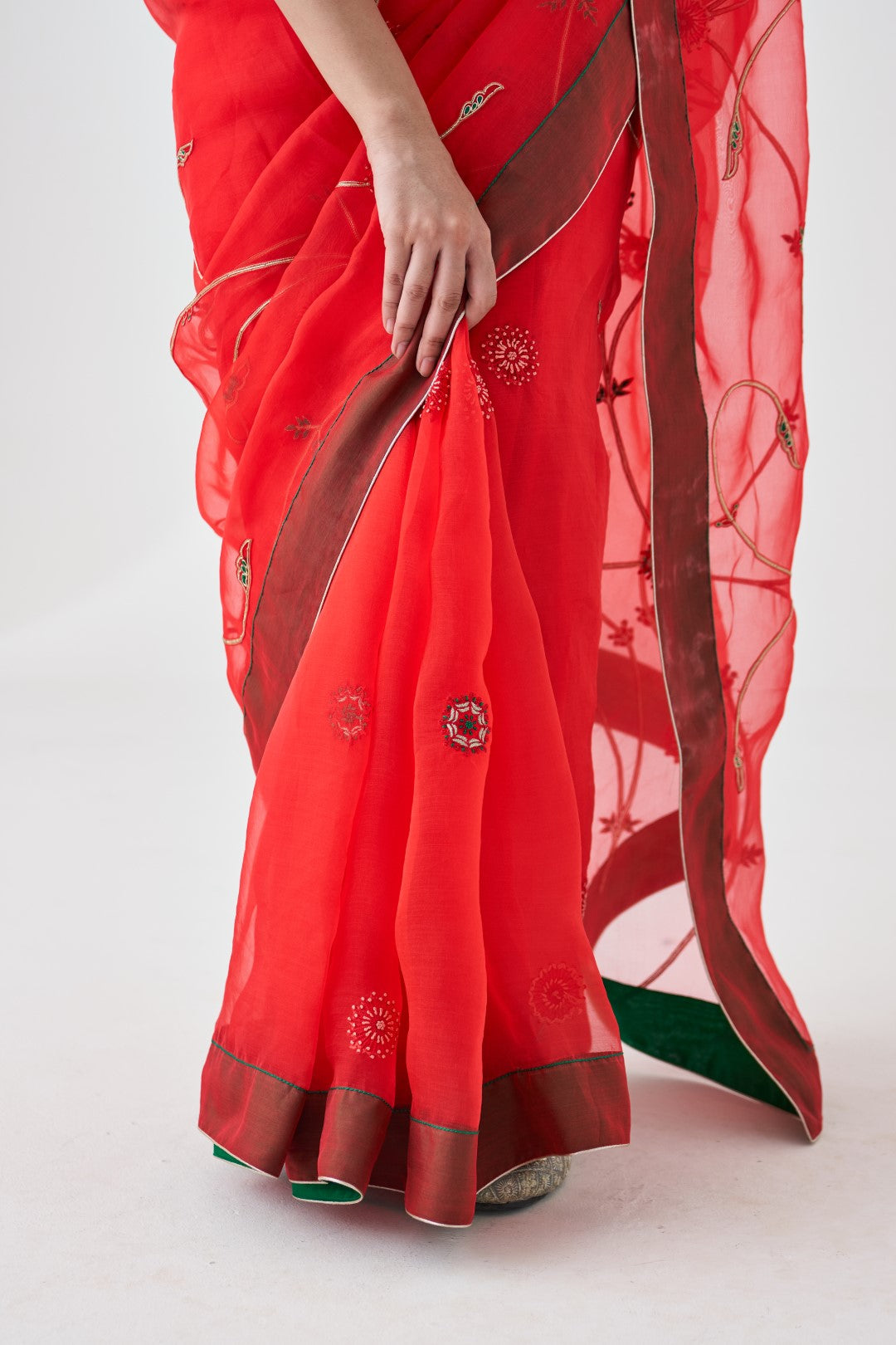 Red Organza Saree with Jaal Embroidery and Organic Cotton Stitched Petticoat (2-Piece Set)