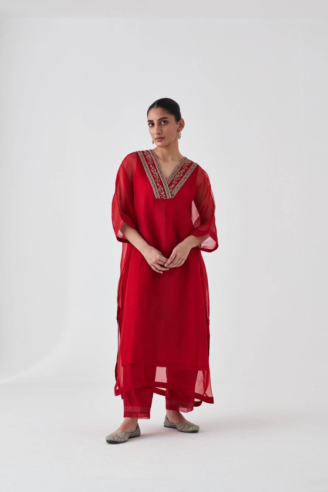 Maroon Organza Embroidered Kaftan Paired with Silk Slip & Silk Pant (03 pcs.)