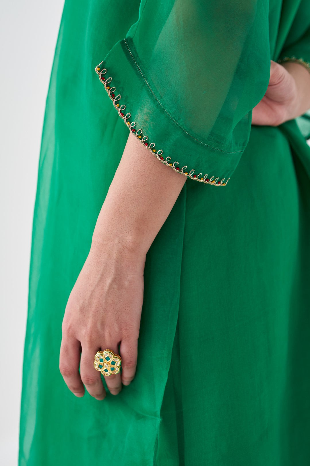 Green Organza Embroidered Kaftan, Silk Slip & Silk Pant (03 pcs.)