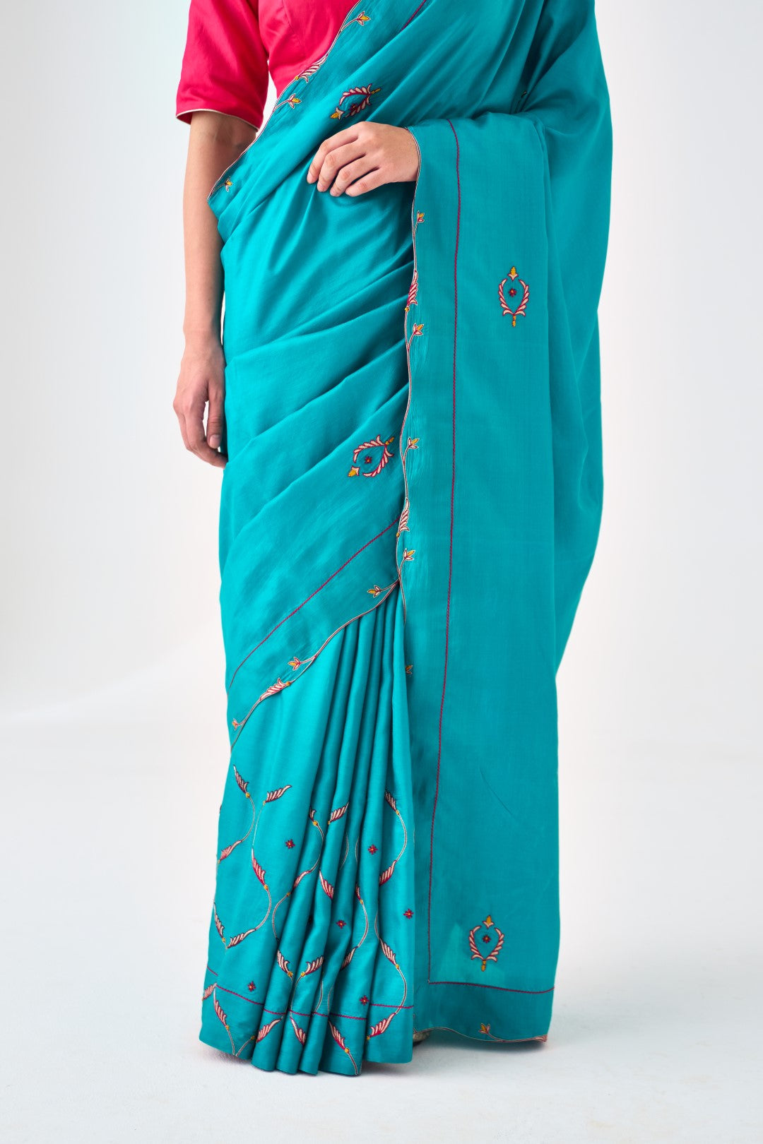 Turquoise Silk Embroidered Saree Paired with Organic Cotton Stitched Petticoat (02 pcs.)
