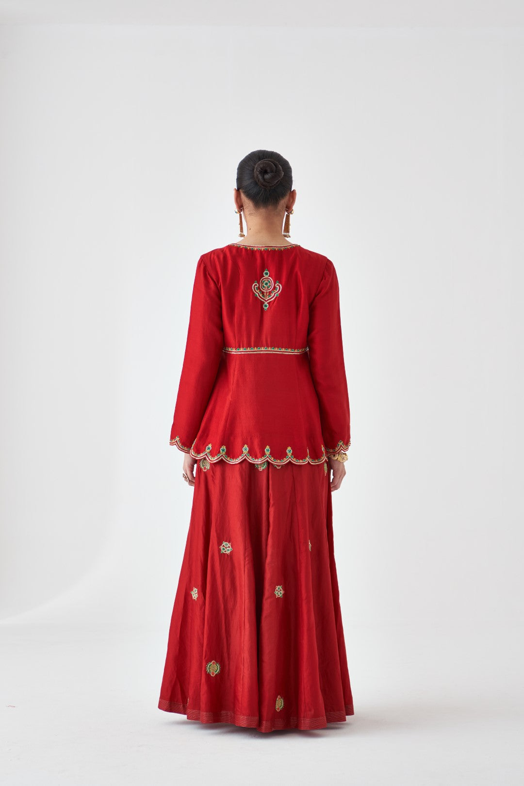 Maroon Silk Dupion Embroidered Peplum Paired with Silk Sharara & Organza Dupatta (03 PCS.)