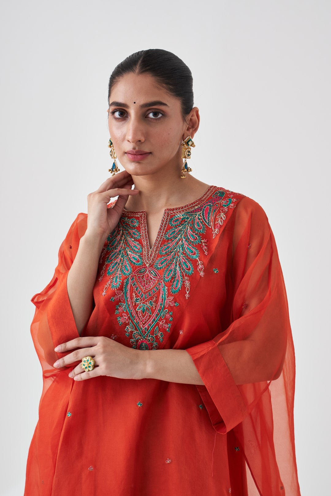 Rust Organza Embroidered Kaftan Paired with Silk Slip & Silk Pant (03 Pcs.)