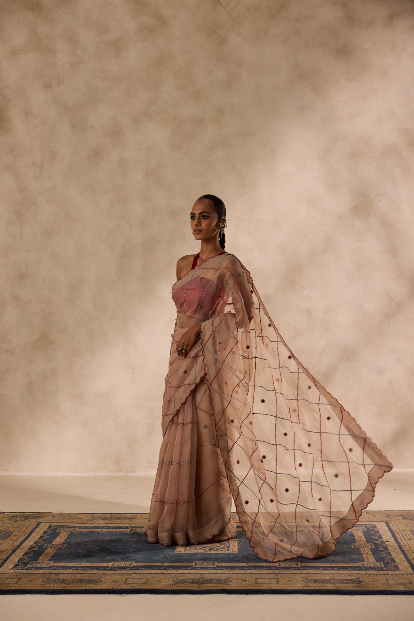Beige organza jaal embroidered saree comes with unstitched & unembroidered blouse fabric in chanderi