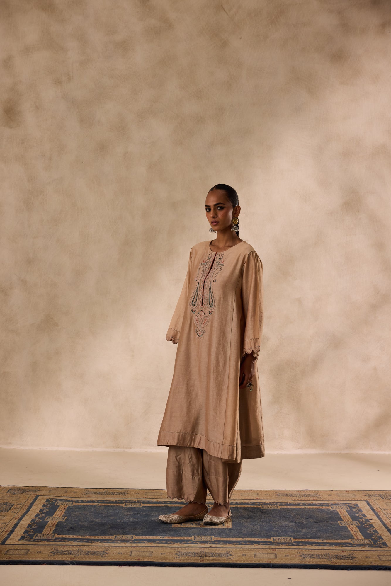 Champagne chanderi dori work embroidered kurta paired with organic cotton slip, afgani salwar & organza dupatta