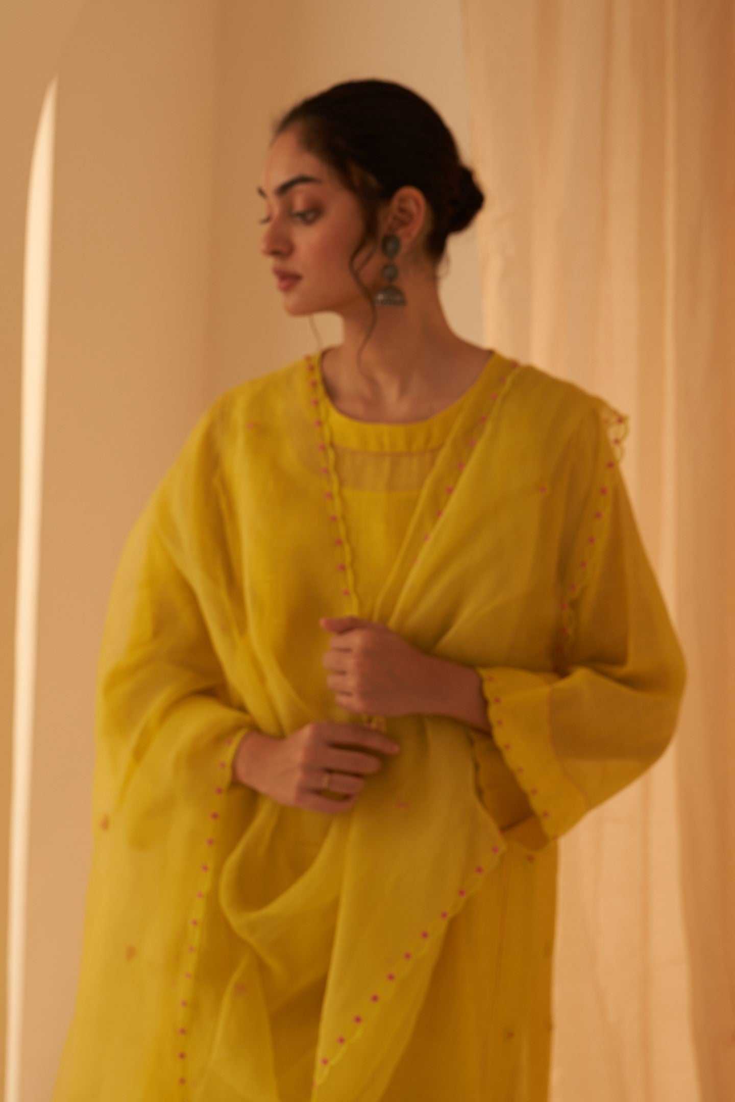 Lime yellow chanderi floral buti embroidered kurta paired with cotton slip, pant & organza dupatta