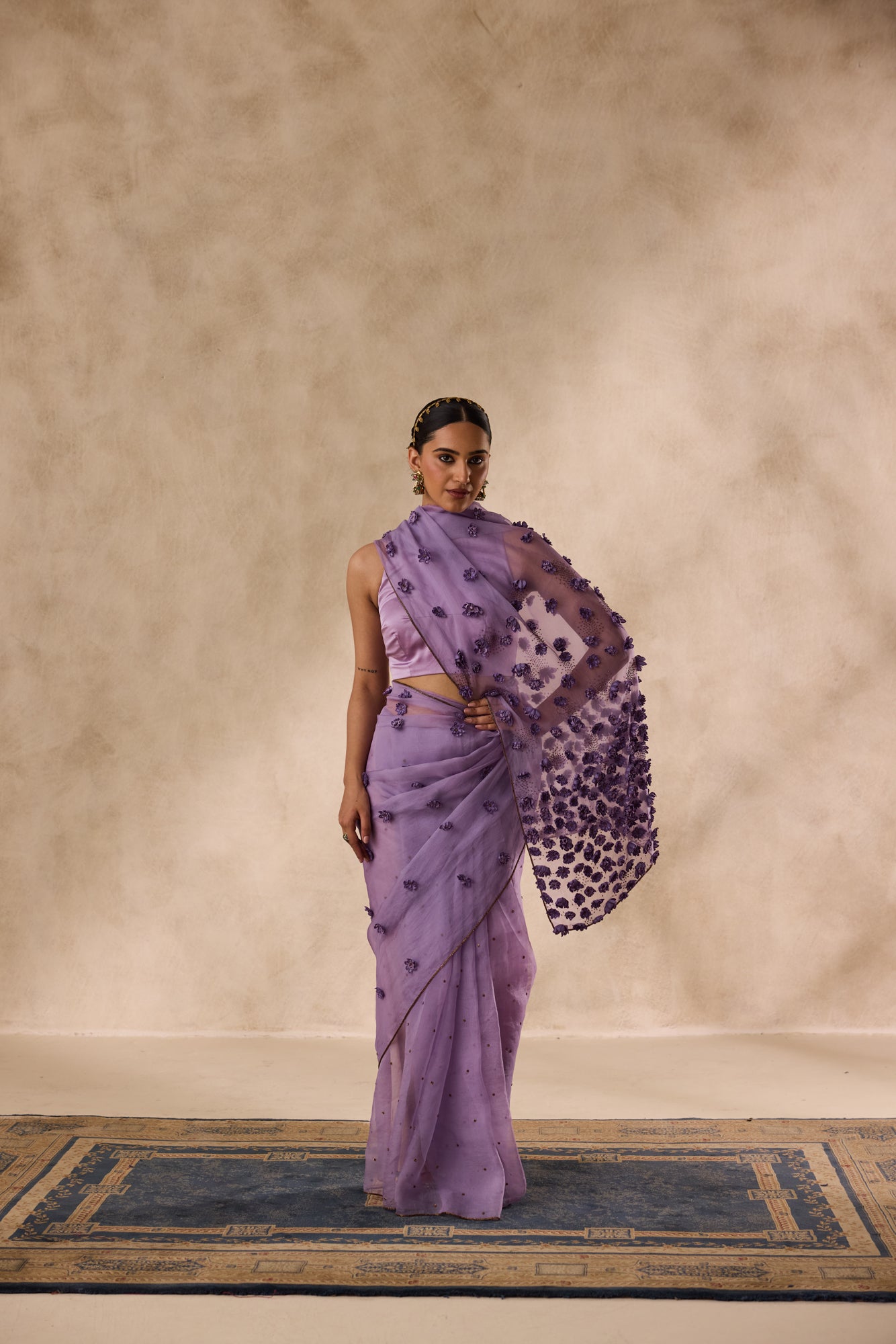 Lilac organza satin flower and beads embroidered saree comes with unstitched & unembroidered blouse fabric in chanderi