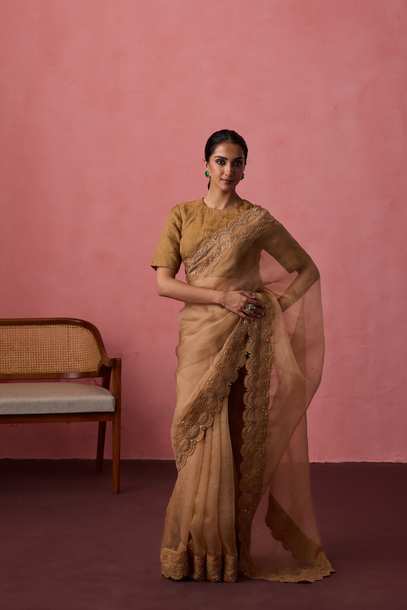 Golden organza dori & resham embroidered saree paired with unstitched & unembroidered blouse fabric