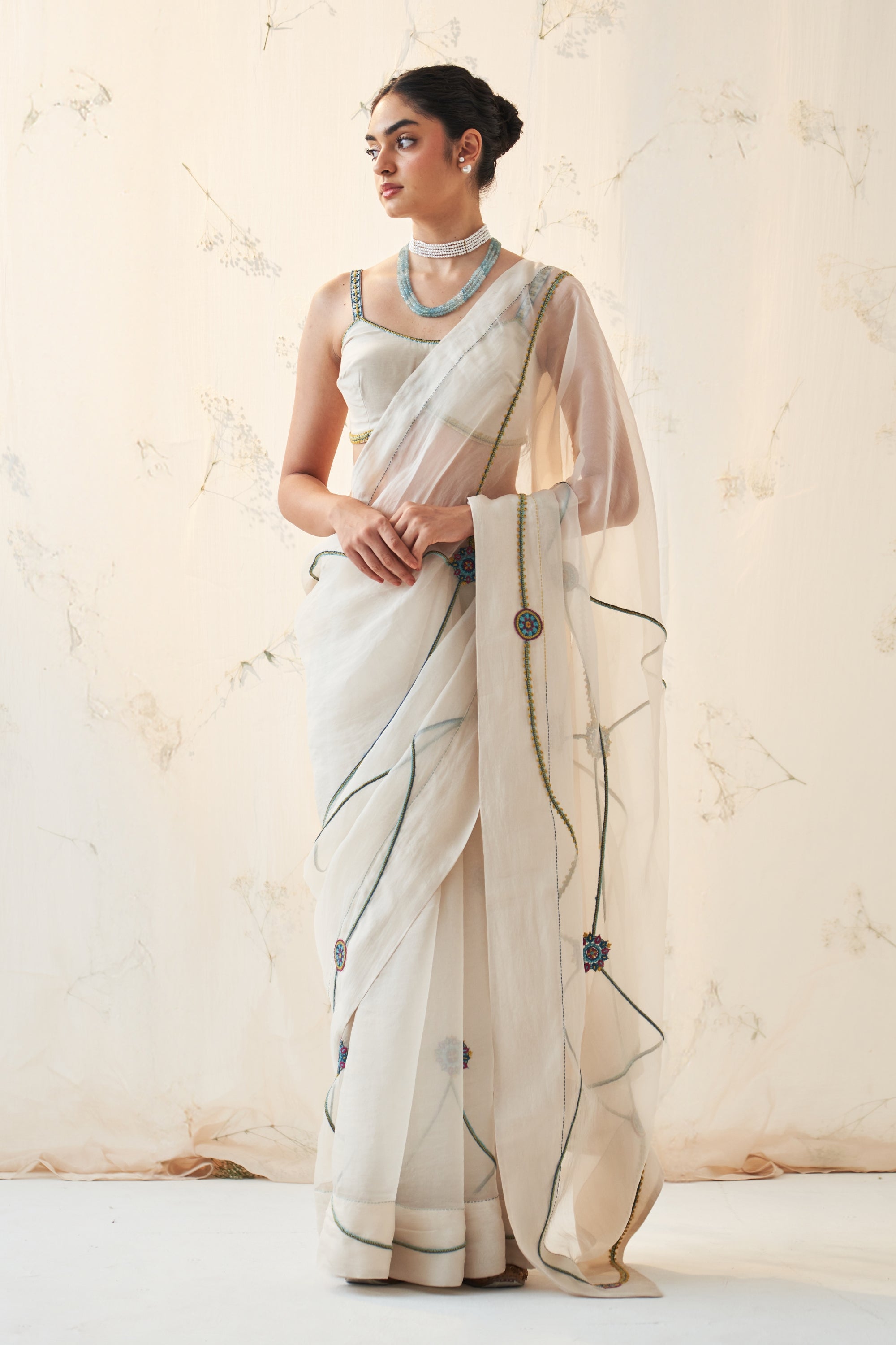 Ivory Organza Saree And Chanderi Blouse With Multicolour Thread Handwork