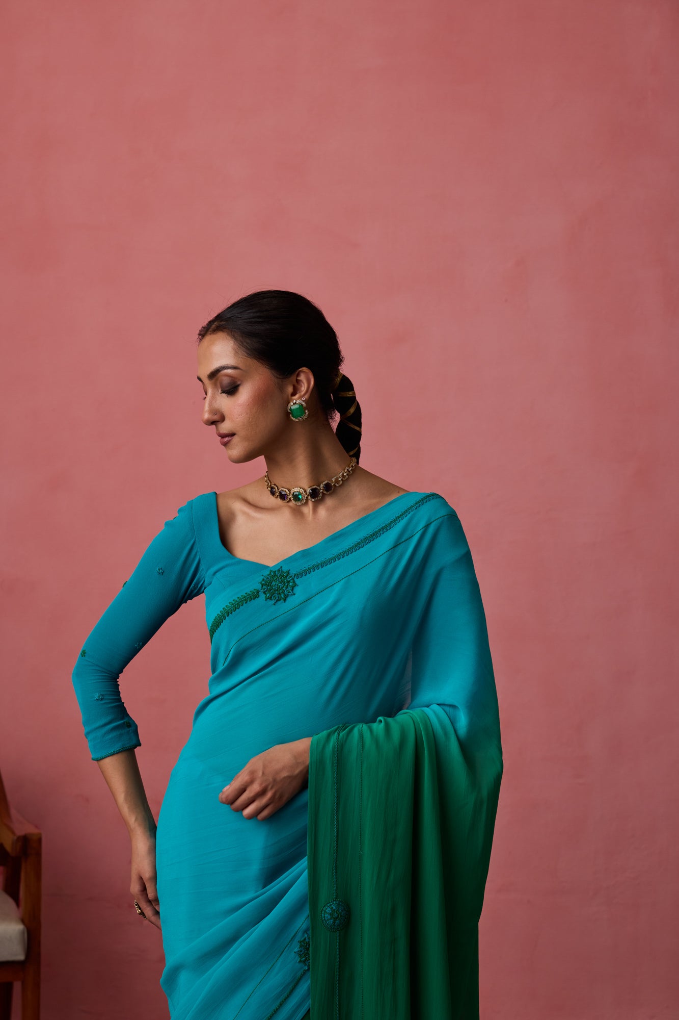 Turquoise ombre georgette embroidered saree paired with unstitched & unembroidered blouse fabric