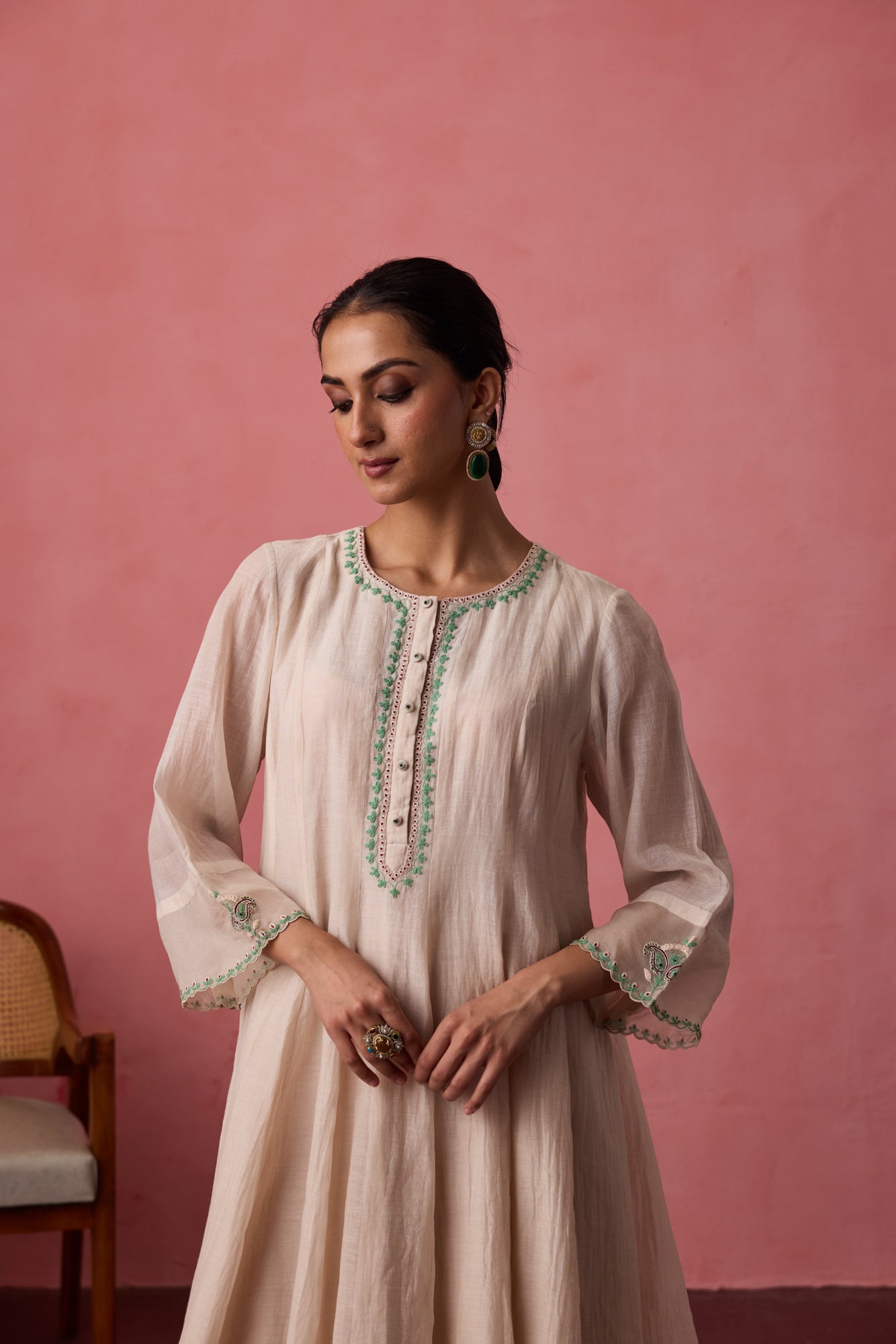 Ivory chanderi dori-Cross stitch embroidered anarkali with matching pants & organza dupatta