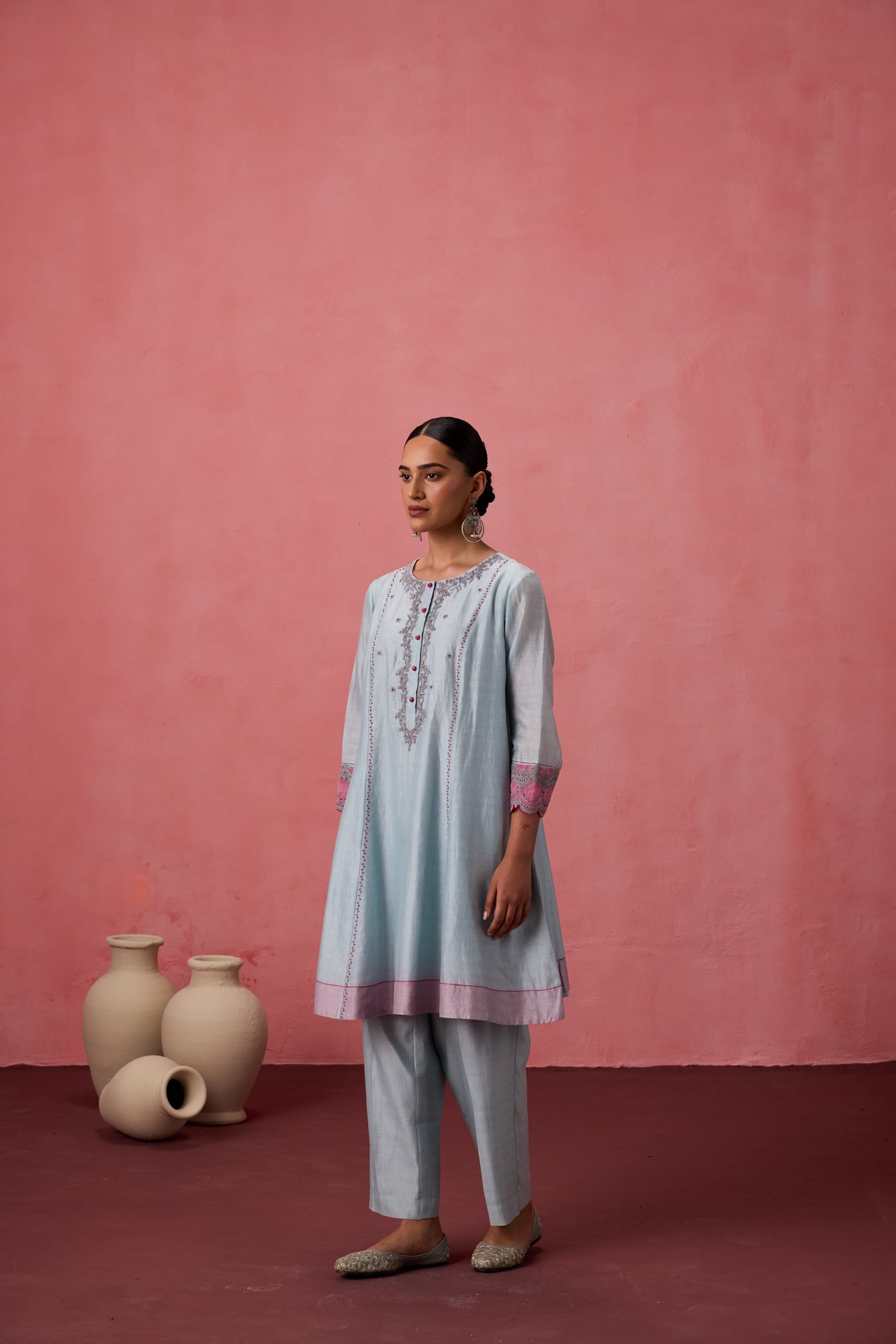 Sky blue chanderi dori work floral and french knot embroidered kurta paired with pant & organza dupatta
