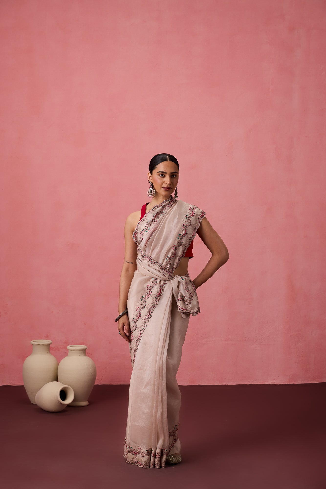 Classic white organza jaal embroidered saree comes with unstitched & unembroidered blouse fabric in chanderi