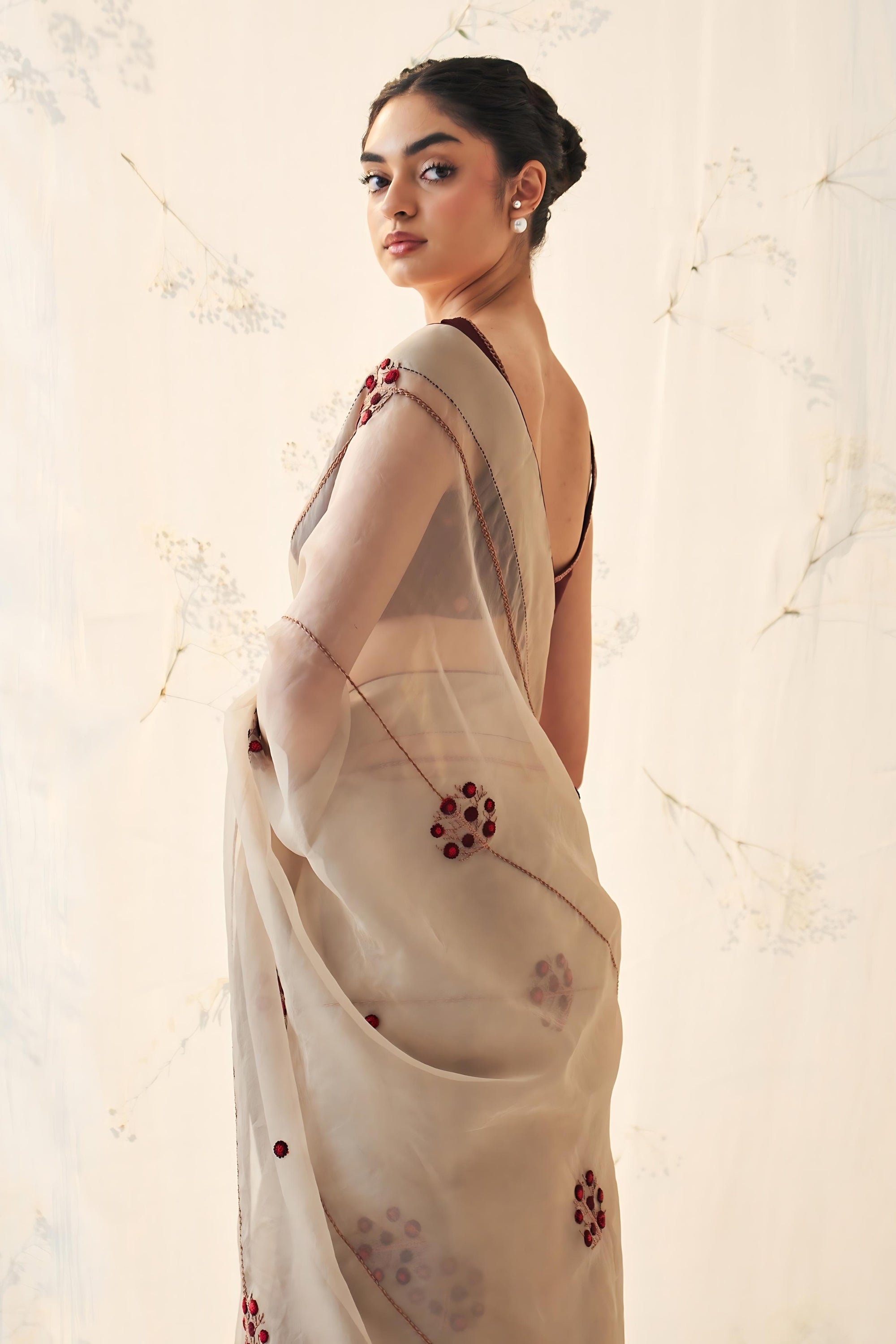 Champagne Gold organza saree comes with mehroon chanderi stitched blouse & organic cotton stitched petticoat