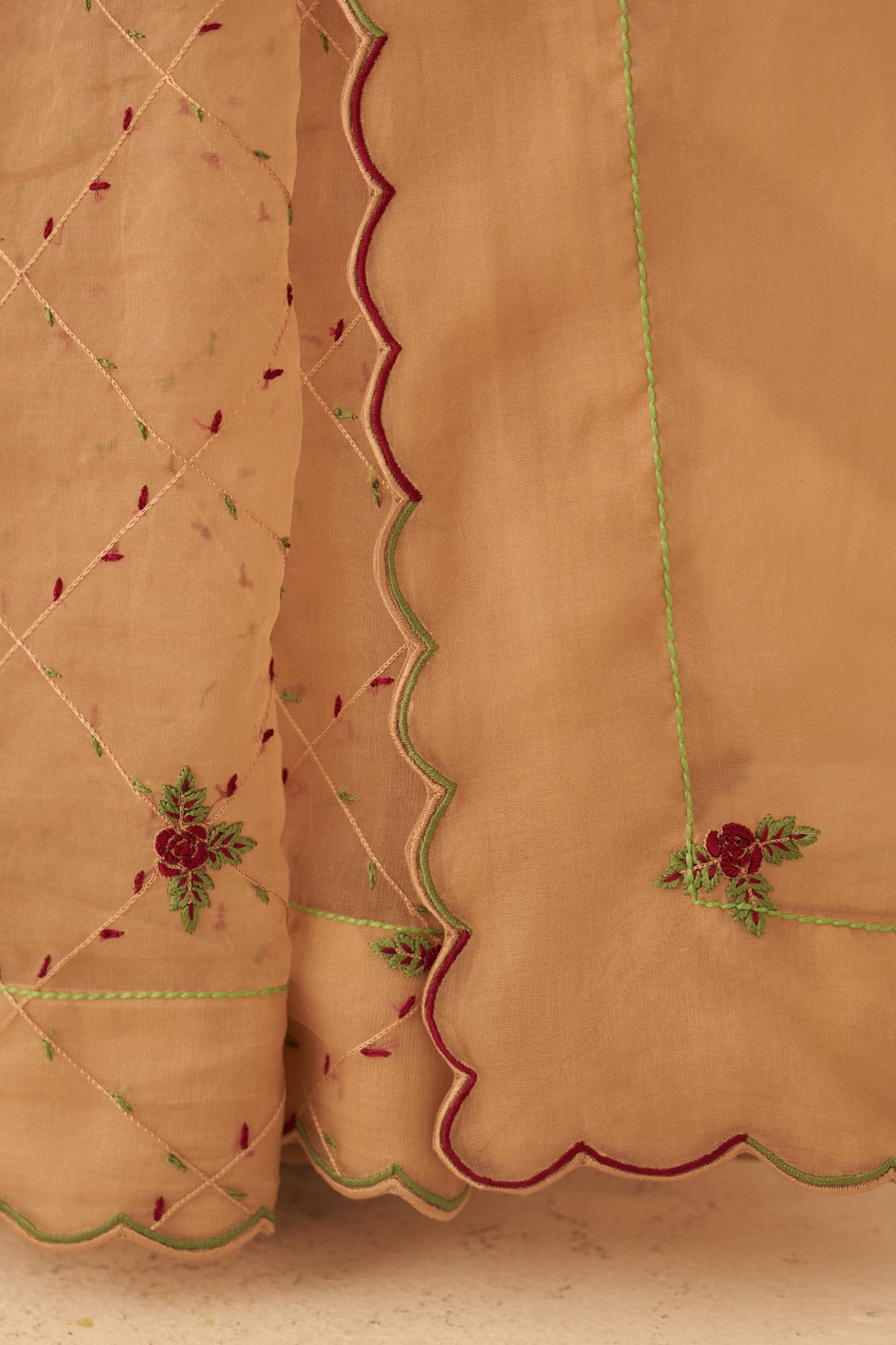 Champagne organza zardozi & elegant resham jaal work saree paired with an organic cotton stitched petticoat