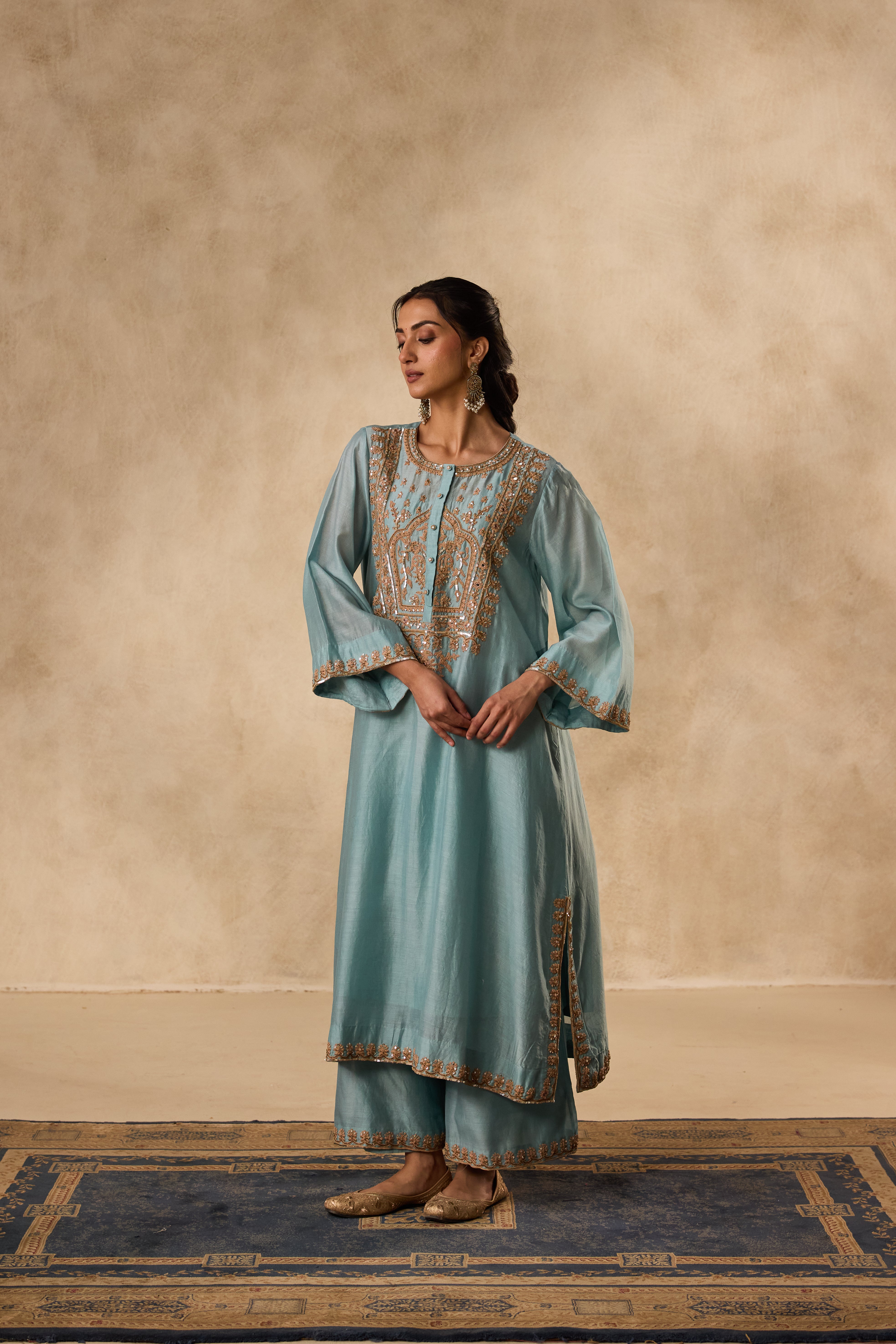 SKY BLUE A-LINE DORI & RESHAM EMBROIDERED CHANDERI KURTA WITH ORGANIC COTTON SLIP, MATCHING PANT & ORGANZA DUPATTA