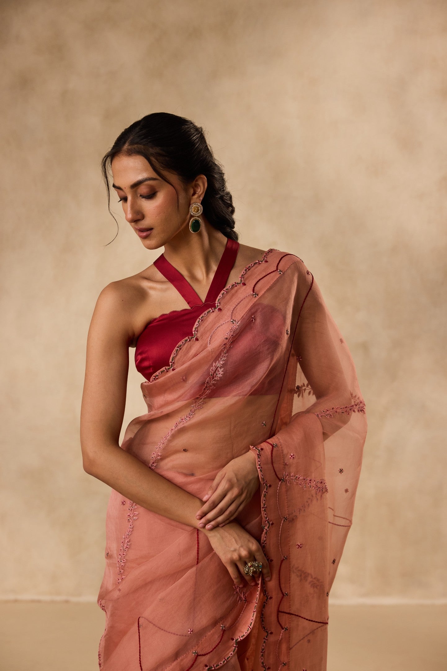 PEACH ORGANZA EMBROIDERED SAREE paired WITH UNSTITCHED CHANDERI BLOUSE FABRIC