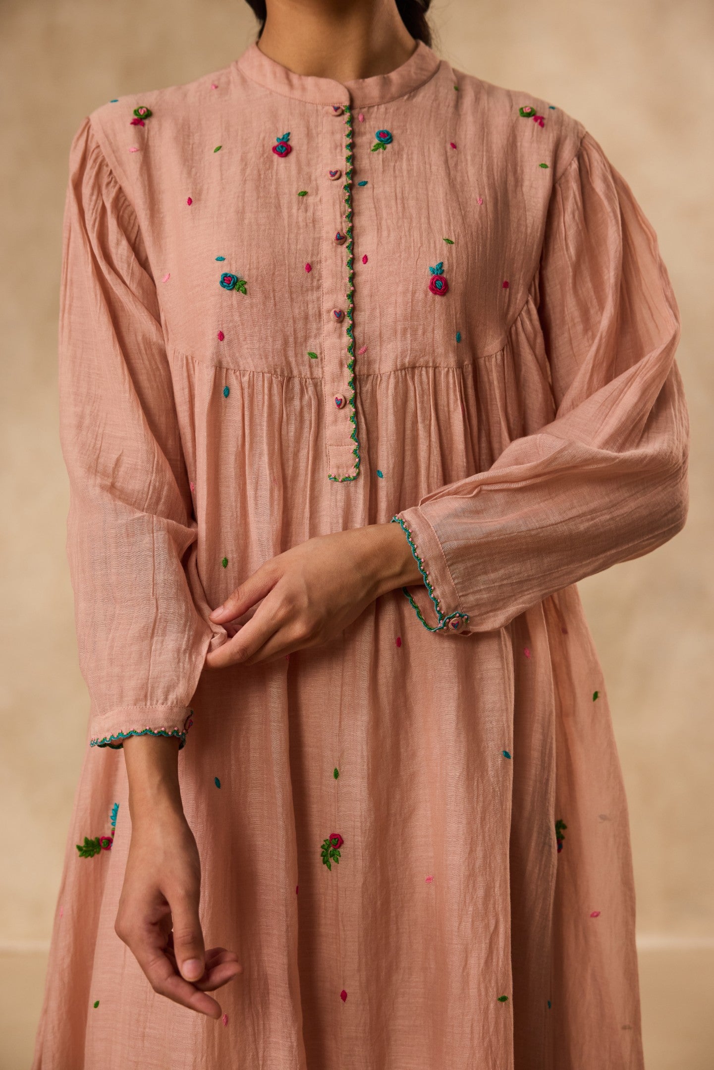 Rose gold chanderi bullion work embroidered kurta with organic cotton slip paired with pant & organza dupatta