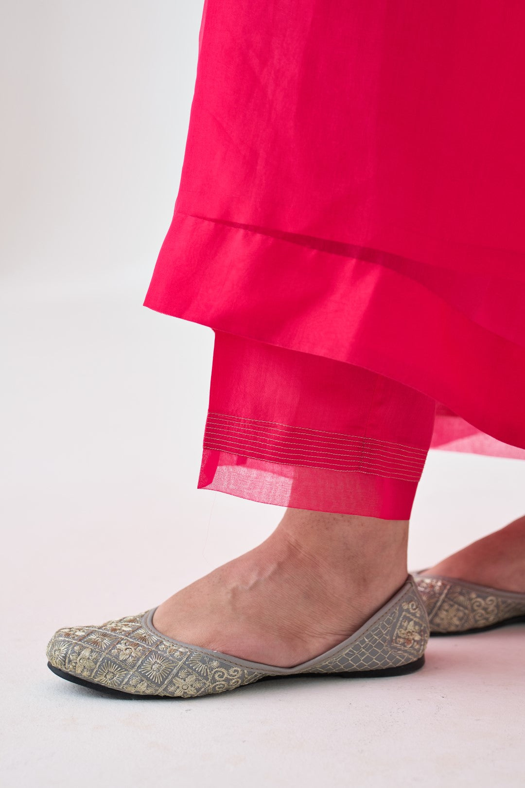 Fuchsia Organza Embroidered Kaftan Paired with Silk Slip and Silk Pant (03 Pcs.)