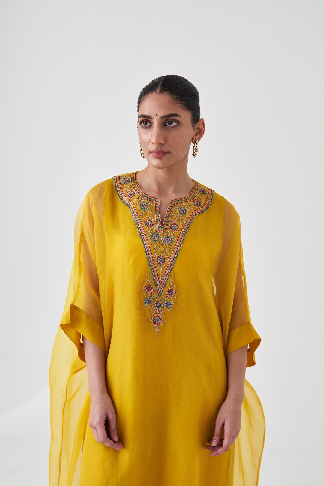 Yellow Organza Multicoloured Embroidered Kaftan Paired with Silk Slip and Pant (03 Pcs.)
