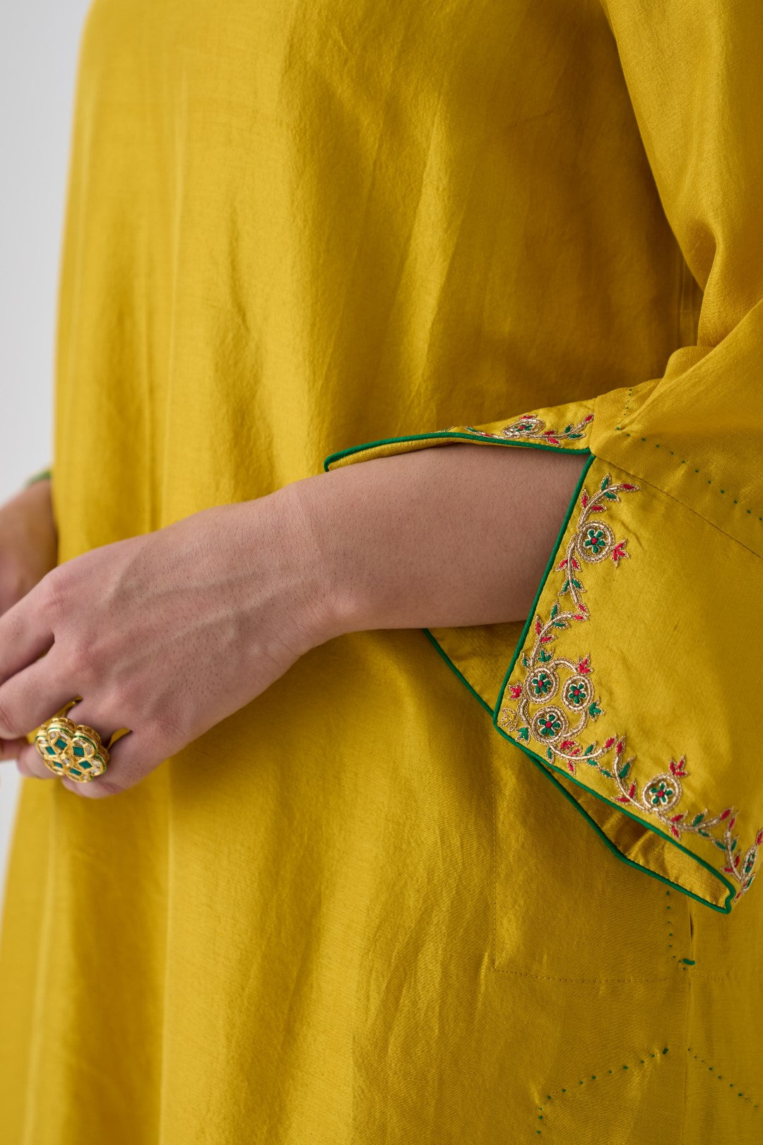 Yellow Silk Dupion Embroidered Kurta, Silk Pant & Organza Dupatta (03 Pcs.)