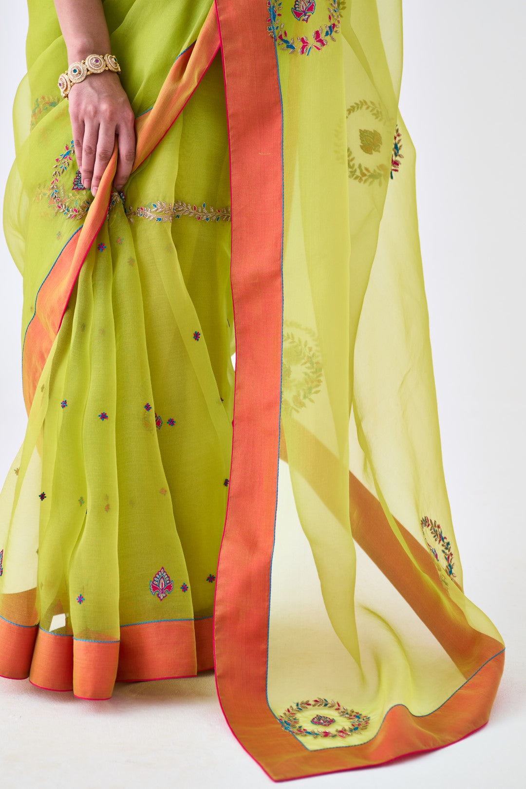 Lime Green Embroidered Saree Paired with Organic Cotton Stitched Petticoat (02 Pcs.)
