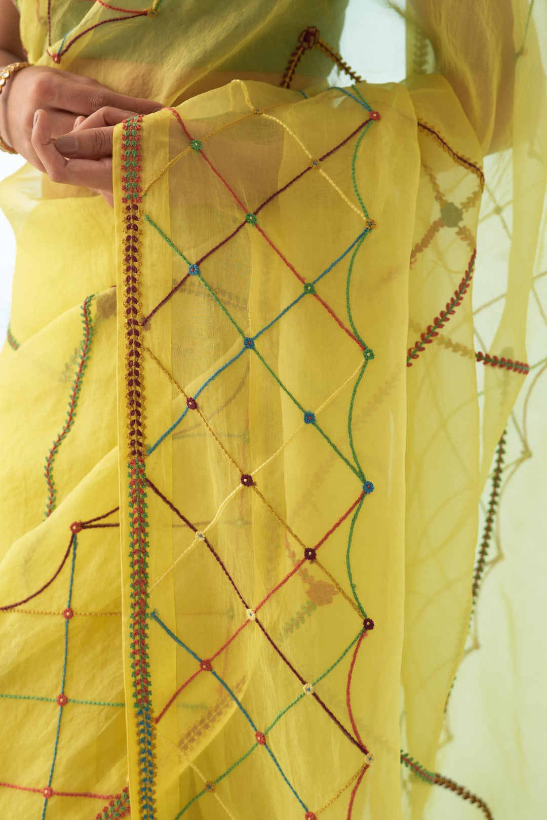 Yellow Organza Saree Set with Checkered Thread Work Comes With Stitched Chanderi Blouse and Organic Cotton Stitched Petticoat ( 03 Pcs. )