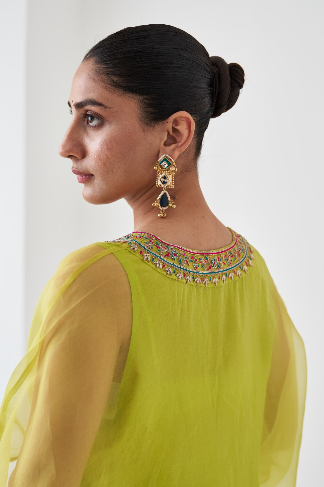 Lime Green Organza Embroidered Kaftan Paired with Silk Slip & Silk Pant (03 PCS.)