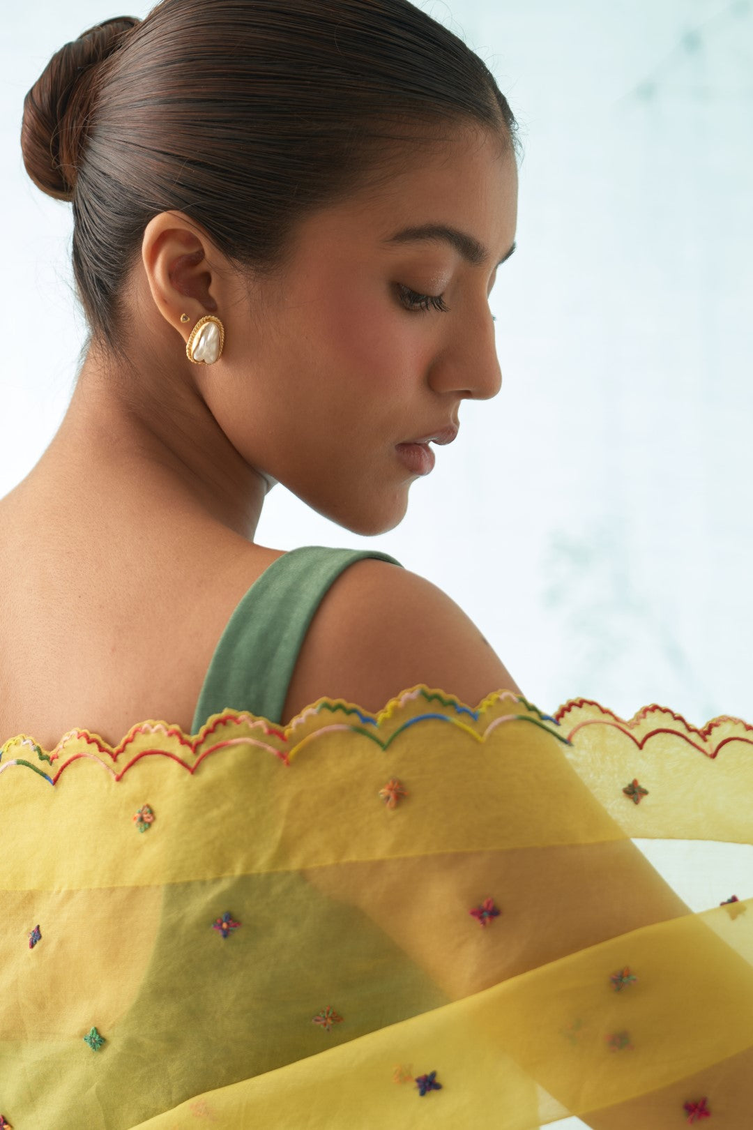 Yellow Organza Saree Set with Scallop Border Comes With Stitched Chanderi Blouse and Organic Cotton Stitched Petticoat ( 03 Pcs. )