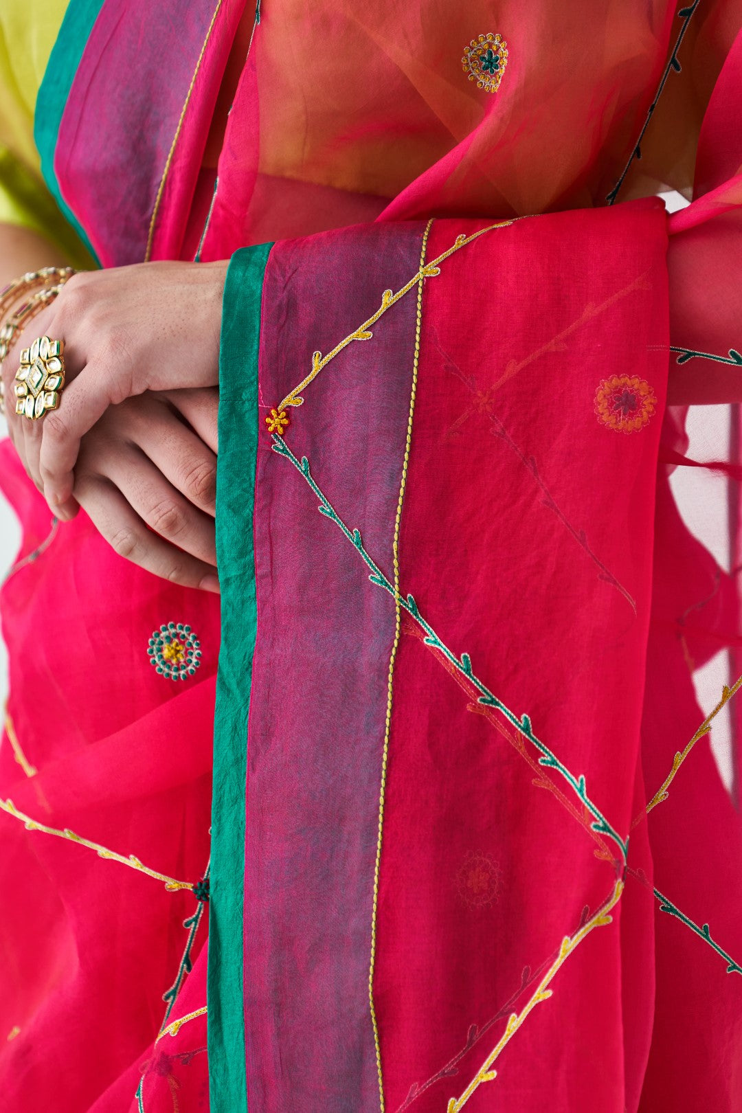 Fuchsia Organza Jaal Embroidered Saree Paired with Organic Cotton Petticoat (02 pcs.)